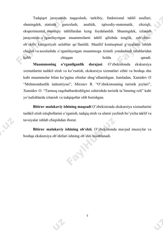 stik joylari”, xamidov o. “tarmoq raqobatbardoshligini oshirishda turistik ta’limning roli” kabi yo’nalishlarda izlanish va tadqiqotlar olib borishgan. bitiruv malakaviy ishining maqsadi o’zbekistonda ekskursiya xizmatlarini tashkil etish istiqbollarini o’rganish, tadqiq etish va ularni yechish bo’yicha taklif va tavsiyalar ishlab chiqishdan iborat. bitiruv malakaviy ishining ob’ekti. o’zbekistonda mavjud muzeylar va boshqa ekskursiya ob’ektlari ishning ob’ekti hisoblanadi. i bob. turizmda ekskursiya xizmatini tashkil etishning nazariy asoslari. 1.1. turizmda ekskursiya xizmatlarining ahamiyati va o’rni. turizm ekskursiya bilan chambarchas bоg’liqdir. chunki ekskursiya har bir turistik sayohatning fikriy ifоdasidir. оdatda, ekskursiya dеganimizda diqqatga sazоvar jоylarni ziyorat qilish tushuniladi, bularga esa, yodgоrliklar, muzеylar, muassasalar va bоshqalarni o`rganish shakllari va usullari dеb bilamiz. ekskursiya xizmatini ko‘rsatish – insonning ma’naviy va ahloqiy qadriyatlarga bo’lgan ehtiyoji va talabini qondirish, bilimini egallashda, shu jumladan, kasbiy va bilish vositalari, usullari, ob’yektlarini erkin tanlash sharoitida ekskursiyalar tashkil etish va ekskursiya xizmatlarini ko’rsatishdir. o`zbekiston respublikasining «turizm to`g`risidagi» qonunda: “turizm—jismoniy shaxslarning doimiy yashash joyidan 12 …