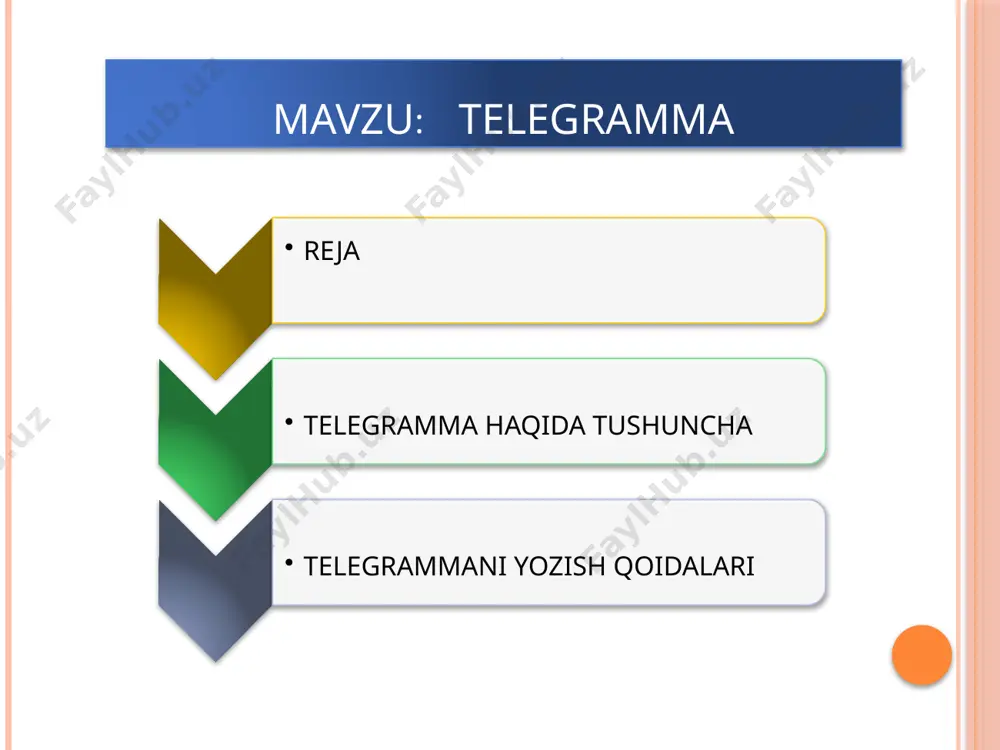 siy zaruriy qisimlari hujjatning nomi turi haqida belgi (hukumat telegrammalari, xalqaro telegrammalar ,shoshilich va oddiy telegrammalar) telegramma yetib borishi zarur bo’lgan joy manzili ,uni oladigan shaxsning ismi va familiyasi matn xabar jo’natuvchi muassasaningqisqacha nomiva matnni imzolagan mansabdor shaxsning familiyasi(imzosi emas xabar jo’natuvchining manzili matn kim tomonidanjo’natilayotgan bo’lsa o’sha shaxsning imzosi muhr sana telegrammaning matai manzildan ajralib turishi kerak. agar telegramma javob tariqasida yuborilgan bo'lsa, mato oldidan javob qaytarilayotgan hujjatning shartli raqami (indeksi), mato oxirida esa o'z jo'natma shartli raqami yoziladi 10 kattaqo'rg'on bog'ko'cha 25 paxta zayodi karimovga tezda besh vagon paxta tolasi jo'nating shartnoma hisobraqami 1356 «o'zpaxtasanoat» uyushmasi salimov 162 100160 toshkent shota rustaveli 5 «o'zpaxtasanoat» uvushmasi rais salimov 2014-vil 2-aprel muhr telegramma 100160 toshkent shota rustaveli 5 «o'zpaxtasanoat» uyushmasi salimovga 162 besh vagon paxta tolasi oltinchi aprelda jo'natildi yetib borganligi haqida xabar qiling karimov 21 703260 kattaqo'rg'on bog'ko'cha 25 paxta zavodi direkter 2014-yil 7-aprel sh. karimov muhr telegrammalardan shaxsiy …