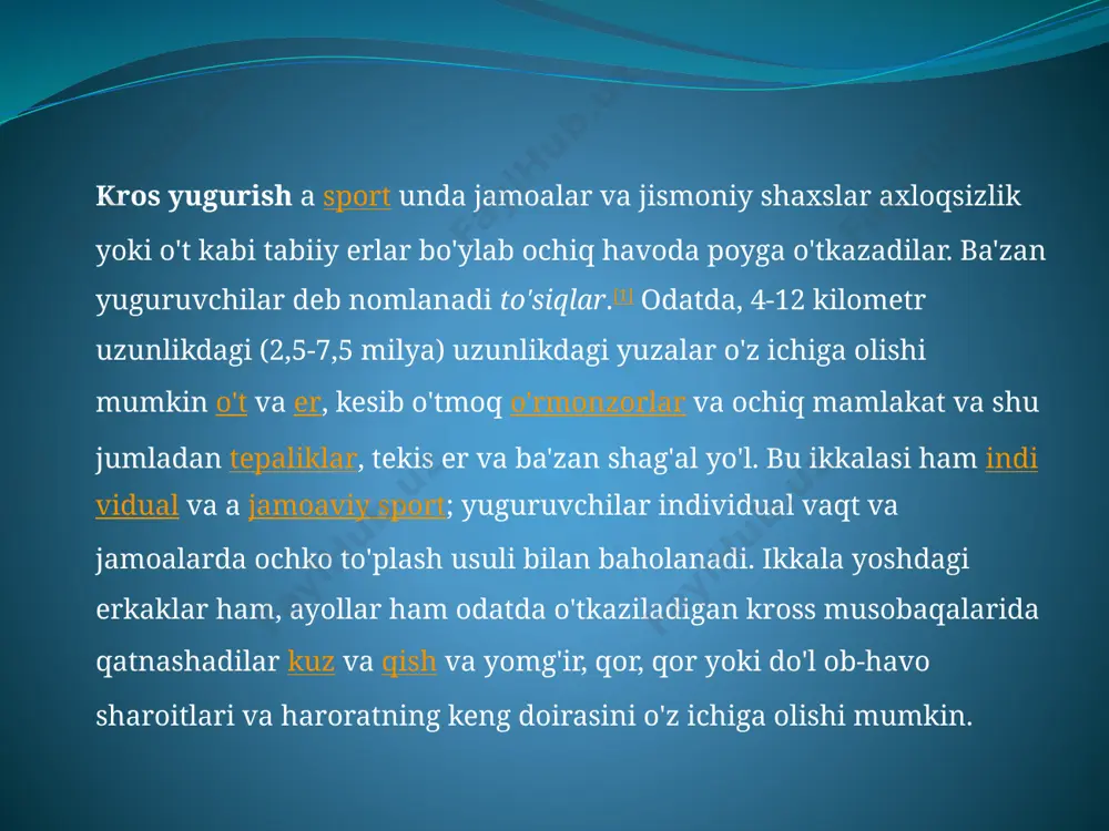 gan. kros yugurish musobaqalarining jozibadorligi, har bir joyning ob-havosi va ob-havosining o'ziga xos xususiyatlaridan iborat, masalan, boshqa ochiq havoda sport turlari kabi avtoulov poygalari, velosipedda harakatlanish va golf. kurs tabiiy yoki sun'iy to'siqlarni o'z ichiga olishi mumkin bo'lsa-da, kross kurslari doimiy yugurishni qo'llab-quvvatlaydi va yuqori to'siqlardan ko'tarilishni, chuqur zovurlar orqali o'tishni yoki harbiy uslub singari qo'ltiq ostidagi jangni talab qilmaydi. hujum kurslari. kamida 5 metr (5,5 yd) to'la masofa poyga davomida raqiblarning boshqalardan o'tishiga imkon beradi. aniq belgilar raqobatchilarni noto'g'ri burilishlardan saqlaydi va tomoshabinlar musobaqaga aralashmaydi. belgilanishlar yo'lning ikkala tomonida lenta yoki tasma, erga bo'r yoki bo'yoq yoki konuslarni o'z ichiga olishi mumkin. ba'zi sinflar yo'nalishlarni ko'rsatish uchun rangli bayroqlardan foydalanadilar: chapga burilish uchun qizil bayroqlar, o'ngga burilish uchun sariq bayroqlar va ko'k bayroqlar tekis davom etish yoki bayroqdan o'n metr masofada qolish uchun. kurslar, odatda, odatda har bir kilometr yoki har bir milda masofani belgilashni o'z ichiga oladi. kross …
