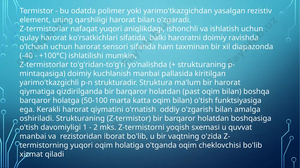 riladigan jismoniy jarayonlar normal, kerakli parametrlar bilan davom etadi. bu, birinchi navbatda, inson hayoti sharoitlari va u foydalanadigan mashina va mexanizmlarning asboblari bilan belgilanadigan haroratda ishlaydigan asboblar va qurilmalarga tegishli, ya'ni. –40º +100°c, masalan, turar-joy, omborxona,shifoxonalar va texnologik binolarning haroratini konditsionerlash, turli xil dvigatellar, transmissiyalar, tormoz qurilmalari va boshqalarni isitishni boshqarish. va boshqalar, yong'in signalizatsiya tizimlari, tibbiyotda, biotexnologiyada va qishloq xo'jaligida haroratni nazorat qilish va boshqalar. so'nggi paytlarda bunday tizimlarning sezgir elementlari sifatida salbiy harorat koeffitsientiga ega yarimo'tkazgichli termistorlar keng qo'llanilmoqda. foydalanilgan adabiyotlar: 1. vigleb g. sensorlar. qurilma va dastur: per. u bilan. m.: mir, 1989 yil. 2. brindli k. o'lchov transduserlari./ per.ingliz tilidan. m.: energoatomizdat, 1991. 3. okosi t. va boshqalar. optik tolali sensorlar. 4. a. bonder, a. v. alferov - "o'lchash asboblari" 5. eng yangi axborot texnologiyalari. yutuqlar va odamlar. m.: solon-press, 2004 yil. 416 s. isbn 5980031499.4.bachurin v. v., vaksemburg v. y., dyakonov v. p. va boshqalar.radio …