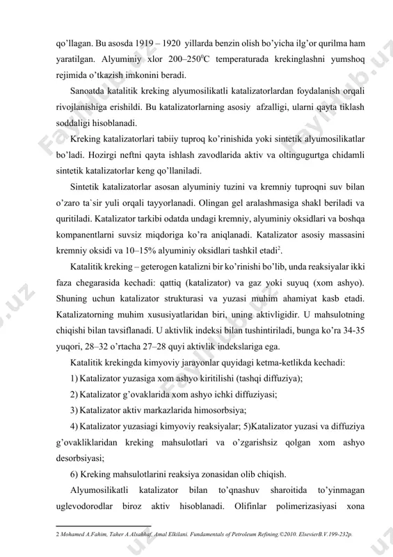 aktivligidir. u mahsulotning chiqishi bilan tavsiflanadi. u aktivlik indeksi bilan tushintiriladi, bunga ko’ra 34-35 yuqori, 28–32 o’rtacha 27–28 quyi aktivlik indekslariga ega. katalitik krekingda kimyoviy jarayonlar quyidagi ketma-ketlikda kechadi: 1) katalizator yuzasiga xom ashyo kiritilishi (tashqi diffuziya); 2) katalizator g’ovaklarida xom ashyo ichki diffuziyasi; 3) katalizator aktiv markazlarida himosorbsiya; 4) katalizator yuzasiagi kimyoviy reaksiyalar; 5)katalizator yuzasi va diffuziya g’ovakliklaridan kreking mahsulotlari va o’zgarishsiz qolgan xom ashyo desorbsiyasi; 6) kreking mahsulotlarini reaksiya zonasidan olib chiqish. alyumosilikatli katalizator bilan to’qnashuv sharoitida to’yinmagan uglevodorodlar biroz aktiv hisoblanadi. olifinlar polimerizasiyasi xona temperaturasida boshlanadi, temperatura oshirilish bilan qaytar reaksiya polimerlanish–depolimerlanish ro’y beradi. to’yinmagan uglevodorodlar o’zgarishi 400 – 5000c da termik krekinga qaraganda 1000 – 10 000 martagacha tez boradi. katalitik kreking mahsulotlari chiqishi va ularni sifati xom ashyo tabiatiga bog’liqdir: 30-jadval ko’rsatkichlar aromatik xom ashyo naftenli xom ashyo parafinli xom ashyo gidrotozalangan deasfaltizat zichlik, kg/m3 934,0 829,0 855,0 930,9 oltingugurt miqdori, % 1,8 1,0 0,5 …