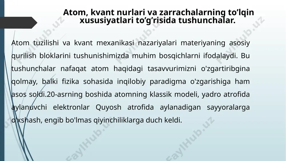 ni ifodalamasdan, balki zarrachalari bo’la olish ehtimolini ko’rasatadi. lekin kvant mexanikasida zarrachalarning impuls momenti, energiyasi va massa miqdorlari saqlanib qolgan. shu sababli elektronning atomdagi yoki molekuladagi harakati tushunchasi kvant mexanikasidagi elektronning holati bilan izohlanadi. kvant mexanikasidagi asosiy holatlardan biri geyzenberg tomonidan aniqlangan noaniqlik prinsipidir. agar zarrachalarning turgan o’rni (koordinatalari)ni qanchalik aniq o’lchansa, shunchalik uning impulsi noaniq yoki aksincha, qanchalik impuls aniq bo’lsa, shunchalik ularningjoylashgan o’rni noaniq bo’ladi. u holda noaniqliknisbatlari quyidagi ko’rinishga ega bo’ladi: ах. arx m >hyoki ax. yx >h/m bu erda: ax -zarrachalarning noaniqlik holatlari (ya’ni kuzatilayotgan vaqtdagi x o’qidagi joylashgan o’rni), apx va ayx - x o’qi boyicha zarrachalarning tezligi va impulclari noaniqlik miqdorlari. atomdagi elektronlarning holatini quyidagicha belgilash qabul qilingan: bosh kvant soni n butun sonlar, ya’ni n= 1,2,3,4... bilan orbital kvant soni l - esa butun sonlar l= 0,1,2,3,4.5... va harflar s,p,d,f,g,h .. bilan belgilanadi. dastlabki to ’rtta harf atomlarning spektr seriyalariga mos keladi, ikkita …