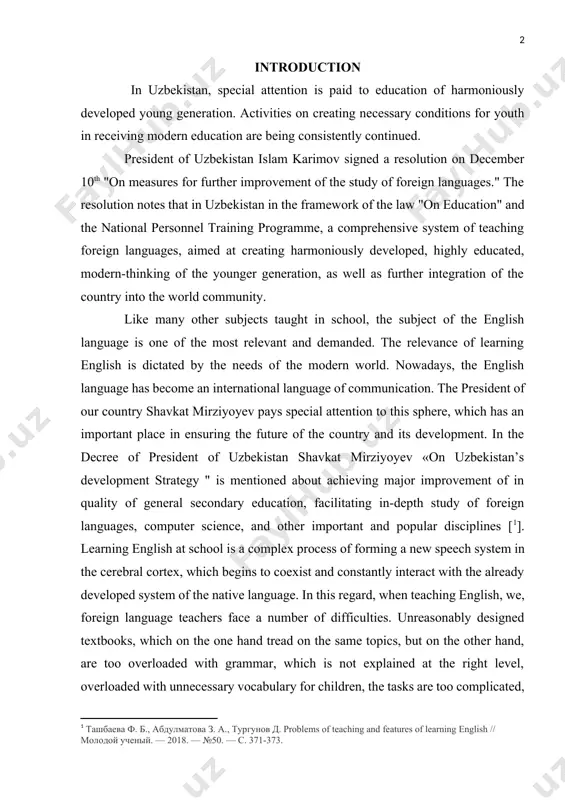 further improvement of the study of foreign languages." the resolution notes that in uzbekistan in the framework of the law "on education" and the national personnel training programme, a comprehensive system of teaching foreign languages, aimed at creating harmoniously developed, highly educated, modern-thinking of the younger generation, as well as further integration of the country into the world community. like many other subjects taught in school, the subject of the english language is one of the most relevant and demanded. the relevance of learning english is dictated by the needs of the modern world. nowadays, the english language has become an international language of communication. the president of our country shavkat mirziyoyev pays special attention to this sphere, which has an important place in ensuring the future of the country and its development. in the decree of president of uzbekistan shavkat mirziyoyev «on uzbekistan’s development strategy " is mentioned about …