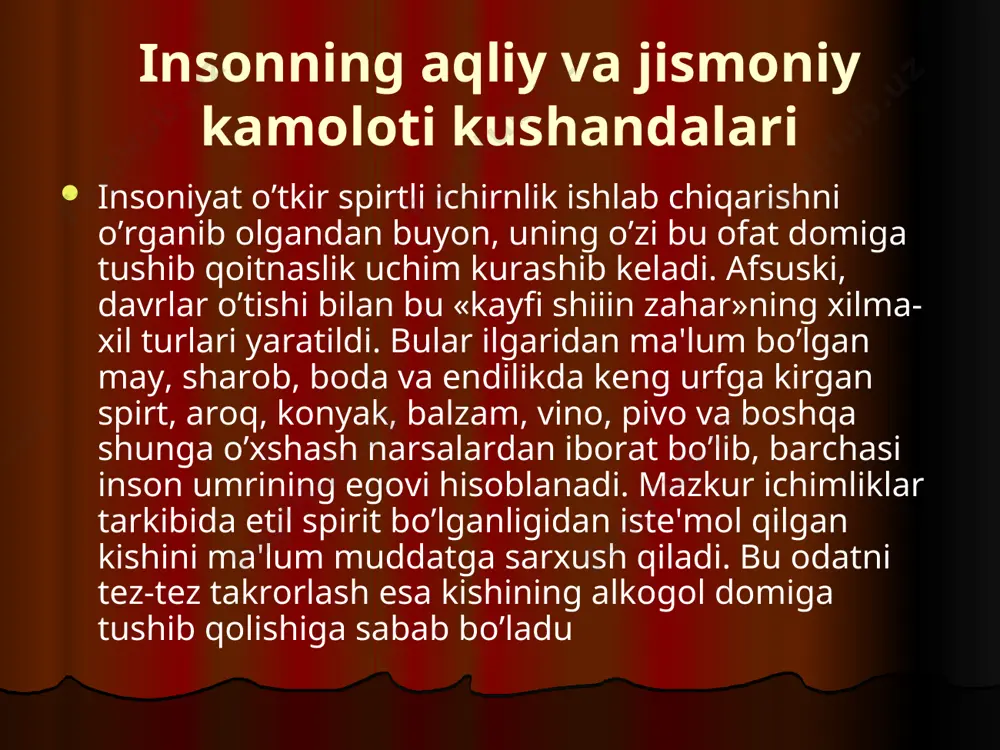 lari bilan o’ta bandligi, bolalarni nazoratsiz qoldirishlari, oilaviy nizolar, ortiqcha boylik orttirishga ruju qo’yish, bolaning keragidan ortiq ta'minlanganligi va boshqa omillar sabab bo’lmoqda. ma'lumki spirtli ichimliklarni iste'mol qilish, turli narkotik moddalarni chekish mamlakat taraqqiyotiga, inson kamolotiga salbiy ta'sir etadi. shuning uchun ichkilik va nashavandlikdan saqlanishga da'vat etiladi. spirtli ichimliklar insonning ma'nan va aqlan rivojla-nishiga katta zarar yetkazadi. undan ortiqcha iste'mol qilgan kishi na oilasi uchun, na jamiyat uchun foyda keltiradi, balki ularga katta talafotlar keltiradi. '"kaykovus, yusuf xos hojib, beruniy, ibn sino, umar xayyom, sa'diy, alisher navoiy, bobur kabi do-nishmandlarimiz ham ichkilikbozlikning’ zararli oqi-batlarini ko’rsatib, odamlarni unga ruju qo’ymaslikka davat etganlar. alisher navoiy ichuvchi kishi «yomon itdek odamlarga o’z-o’zidan hamla qiladi. uni shunchaki yomon it emas, qopadigan it desa ham bo’ladi. ichishlik ham dard o’ti, ham suvidir: yo’q, u do’zax o’ti ham to’fon suvidir... bu o’tda to’rt unsurgina yonib, yo’q bo’lib ketmaydi, aql-u his, din-u islom ham yo’qoladi, deganlar. hakimlarning …