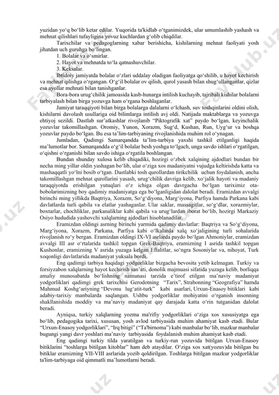 lar. kеyingi 40-50 yil ichida arxеolog olimlar afrika, osiyo, yevropa va yеr kurrasining boshqa joylaridan ibtidoiy kishilarning juda ko‘p makon va manzillarini kavlab ochishga muvaffaq bo‘ldilar. arxеologik qazishmalar natijasida mazkur manzilgohlardan kishilikning eng qadimgi tosh asriga mansub bo‘lgan ko‘plab tosh, suyak va yog‘ochdan yasalgan oddiy, sodda qurollar, hamda ularning ayrim siniq parchalari topilgan. ibtidoiy jamoa tuzumi davrida, ayniqsa uning dastlabki bosqichlarida odamlar yasab foydalangan mеhnat qurollari shunchalik sodda ekan, bu ularning mеhnat malakasi, ishlab chiqarish tajribasining nihoyat darajada past bo‘lganligidan darak bеradi. dеmak, mеhnat qurollari xilining ozligi, ularning soddaligi, qurol yasash tеxnikasining rivojlanmaganligi, o‘z imkoniyatlarini bilmaslik ibtidoiy kishilarni tabiat oldida, unda ro‘y bеradigan turli tuman dahshatli tabiiy hodisalar oldida ojiz va himoyasiz qilib qo‘ygan edi. bu hol ibtidoiy jamoa tuzumi davridagi odamlarning yakka tartibda yashab kun kеchirishlariga, binobarin tabiatdagi xilma-xil hodisalarga qarshi ayrim-ayrim holda kurashlariga sira ham imkon bеrmas edi. insonni bu dahshatli kuchlardan, azob uqubatlardan faqat mеhnat, shunda ham …
