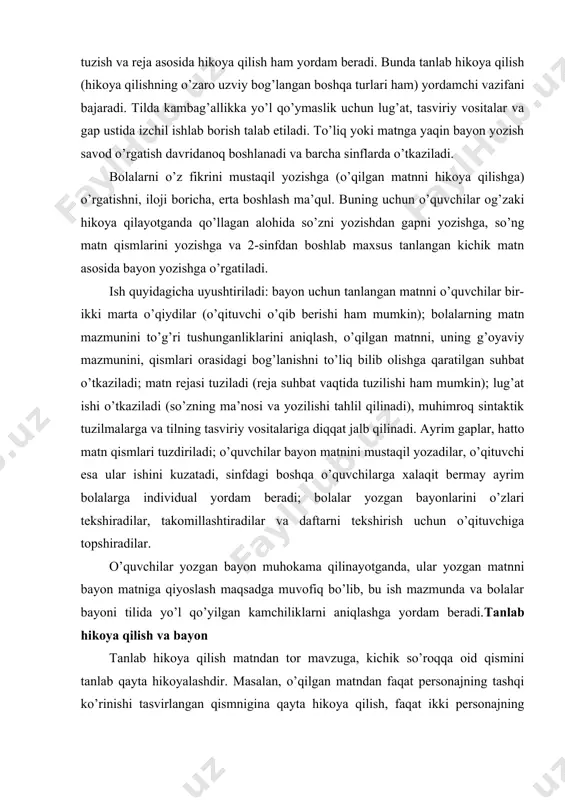 am beradi.tanlab hikoya qilish va bayon tanlab hikoya qilish matndan tor mavzuga, kichik so’roqqa oid qismini tanlab qayta hikoyalashdir. masalan, o’qilgan matndan faqat personajning tashqi ko’rinishi tasvirlangan qismnigina qayta hikoya qilish, faqat ikki personajning uchrashish manzarasini qayta hikoyalash, faqat tabiat tasvirini hikoya qilish va boshq.tanlab qayta hikoyalashning quyidagicha turlari mavjud: 1. o’qilgan matn qismini yoki bir voqeani unga chizilgan rasm asosida hikoya qilish. 2. o’qituvchi topshirig’i yoki berilgan savol asosida alohida lavhani hikoya qilish. tanlab hikoya qilish uchun o’quvchi matnni boshidan oxirigacha qayta o’qib chiqishga yoki yodga tushirishga, kerakli materialni yig’ishga to’g’ri keladi. buning uchun o’quvchilarga matnni ichda o’qish topshiriladi yoki ovoz bilan tanlab o’qish topshirig’i beriladi. bunday tanlab hikoya qilish ba’zan yozma bayon sifatida ham o’tkaziladi. qisqartirib qayta hikoyalash va bayon matn mazmunini qisqartirib qayta hikoyalash va bayon yozish murakkab mantiqiy usullardan foydalanishni talab qiladi, shuning uchun ham u to’liq yoki matnga yaqin qayta hikoyalash va bayonga nisbatan qiyin. …