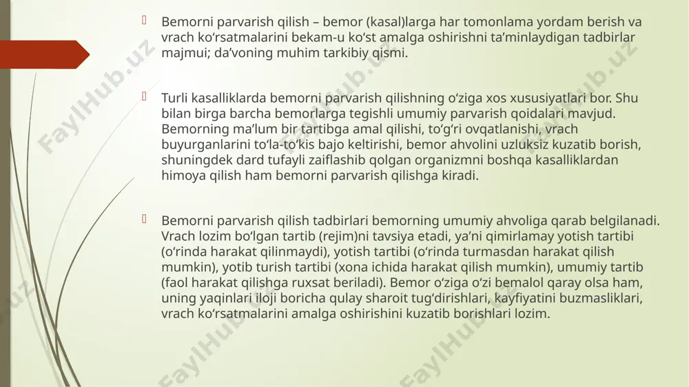 or badanini qaynagan suv yoki maxsus eritmalarga hoʻllangan latta bilan artib turiladi. bemor qattiq terlasa, kiyimi bot-bot almashtirnlib, badani quruq sochiqqa artiladi (badani doim quruq va toza turishi kerak). yuz, boʻyin va gavdaning yuqori qismini kunda yuvib turish, qoʻlni har safar ovqatlanishdan oldin yuvish kerak. oʻrnidan turmaydigan bemorlar oyogʻini karavot ustiga togʻora qoʻyib, haftada 2-3 marta yuviladi. ogʻir yotgan bemorlarning jinsiy aʼzolari va orqa chik>)run teshigi sohasi har gal hojatdan keyin yuvib turiladi. ich ketganda darhol kleyonka va choyshab (lozim boʻlsa kiyimlarni ham) almashtiriladi va orqa peshov sovunlab yuviladi. sochni har kuni iliq suv bilan namlab tarab, toza tutiladi. tirnoqlari vaqt-vaqti bilan olib turiladi. bemor tishini kuniga 2 mahal yuvib, har gal ovqatlangandan keyin ogʻzini chayib turishi lozim. ogʻir yotgan bemorlar tishi 0,5% li soda yoki margansovkaning kuchsiz eritmasiga namlangan paxta bilan artiladi. quloqlar iliq suv va sovun bilan yuvib turiladi, unda chirk yigʻilib qolsa, 3% li vodorod peroksid eritmasidan …