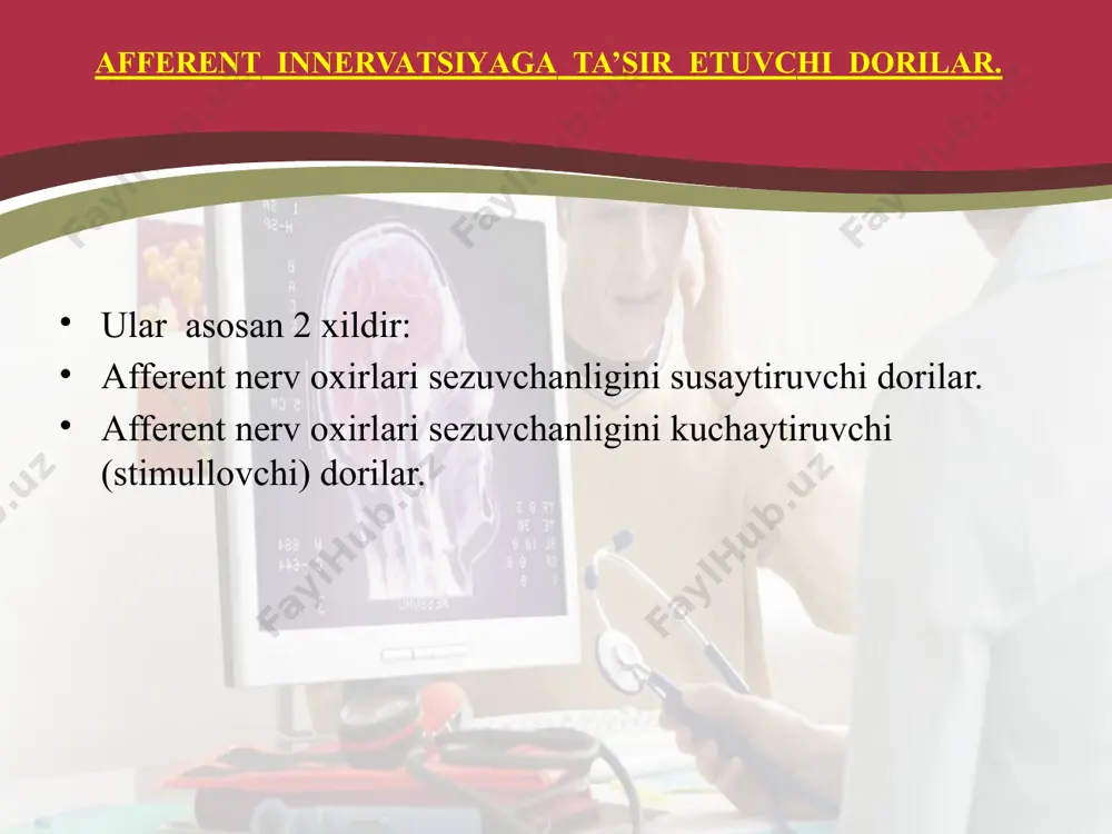 ning ichkibosimiga ta’siretmaydi, akkomodastiyani buzmaydi, ko’zqorachigini o’zgartirmaydi. anestezin uning asosli xususiyati yetarlicha bo’lmaganligi uchun kislotalar bilan yaxshi eruvchi tuz xosil qilmaydi. shuning uchun uni faqat jaroxatlangan teri ustiga kukun, surtma, pasta xolida ishlatish mumkin yoki miyada ogriqlarida tabletka, suspenziya, kukun ko’rinishida qo’llaniladi. anestezinni to`gri ichakka kiritish mumkin. bu xollarning xammasida ham anestezin ta’sirida yuza anesteziyasi rivojlanadi. foydalanilgan adabiyotlar аzizova s.s. farmakologiya. тоshkenт, 2006y. xarkevich d.а. farmakologiya. моsкvа, 2010y. bazarova l. lotin tili va farmasevtik terminologiya asoslari.тоshkеnт, 2017y. saliho`jayev z. dоri vositalari qo`llanmasi. тоshkеnт, 2015y. маshkovskiy м.d. lekarstvenniye sredstva. моskvа, 2010y. www.evrofarm.uz image2.jpg image3.jpg image4.jpg image5.jpg image1.jpg