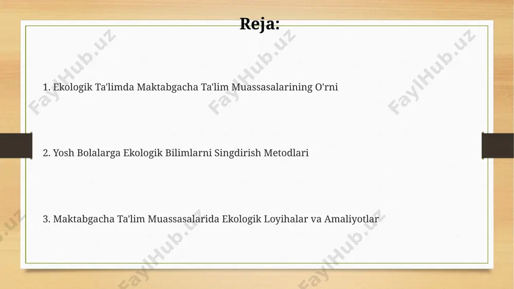 roki bolalarning atrof-muhitga bo‘lgan munosabatini shakllantirishda muhim ahamiyatga ega. ekologik tarbiyaning uslublari va metodlar ekologik loyihalar, masalan, maktab bog'chasida 10 ta daraxt ekish yoki qayta ishlash tizimini yaratish orqali, amaliy faoliyat orqali atrof-muhitni muhofaza qilishning ahamiyatini tushuntirish va ijtimoiy mas'uliyatni rivojlantirish mumkin. ekologik o'yinlar, masalan, tabiatni muhofaza qilishga oid 5 ta turli o'yin orqali bolalarda atrof-muhitga hurmatni shakllantirish va ularning ekologik ongini oshirish samarali uslub hisoblanadi. tabiatga ekskursiyalar va kuzatishlar orqali (kamida 3 ta tashrif), bolalar o'simliklar va hayvonlar dunyosi bilan bevosita tanishadilar, bu esa ularning ekologik bilimlarini boyitadi va tabiatga bo'lgan muhabbatlarini kuchaytiradi. kelajakdagi istiqbollar maktabgacha ta'lim muassasalarida ekologik ta'limning samaradorligini oshirish uchun 2030-yilga qadar kamida 50% ta'lim dasturlarining yangilanishi rejalashtirilgan. kelgusi 5 yilda ekologik ta'limga ixtisoslashgan kamida 10 ta yangi maktabgacha ta'lim muassasasi ochilishi va ularni zamonaviy uskunalar bilan jihozlash rejalashtirilgan. ekologik madaniyatni shakllantirish bo‘yicha 3 yoshdan 6 yoshgacha bo‘lgan bolalar uchun interfaol o‘yinlar va amaliy mashg‘ulotlar soni …