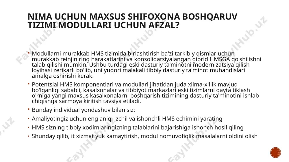 ni saqlash va tibbiy uskunalarni kuzatish/diagnostikasini avtomatlashtirish bo'yicha iomt yaxshi kasal o'z-o'zini parvarishlash uchun sog'liqni saqlash bilan bog'liq giyilebilir qurilmalar robotik texnologiyalar tibbiy xodimlarning ish yuklarini kamaytirish uchun aqlli avtonom qurilmalarni jalb qilishga imkon beradi hmsni amalga oshirishning qiyinchiliklari va afzalliklarini ko'rib chiqing kasalxona xususiy boshqaruv tizimini qabul qilishdan oldin, ushbu sohada yuzaga kelishi mumkin bo'lgan muammolarni va/yoki muammolarni bartaraf etish kerak. qiyinchilik # 1: sog'liqni saqlash muassasasining turli bo'limlarida tibbiy ish oqimlarini shakllantirishga yagona, tizimlashtirilgan yondashuvning yo'qligi. kasalxonada aniq va yaxshi hujjatlashtirilgan jarayonlarning etishmasligi hmsni amalga oshirishga sezilarli darajada to'sqinlik qiladigan juda muhim kamchilikdir. qiyinchilik # 2: hmsga import qilishga tayyor shifoxona ma'lumotlarining etishmasligi. import qilinadigan barcha hujjatlar va ma'lumotlar raqamlashtirilganligiga va to'g'ri formatlanganligiga ishonch hosil qiling. hms har doim qog'ozsiz shifoxona amaliyotini amalga oshirish bilan bog'liq—bu o'z navbatida kasalxona ekologiyasiga va sog'liqni saqlashga ijobiy ta'sir qiladi. hmsni amalga oshirishning qiyinchiliklari va afzalliklarini ko'rib chiqing qiyinchilik # 3: hipaa …