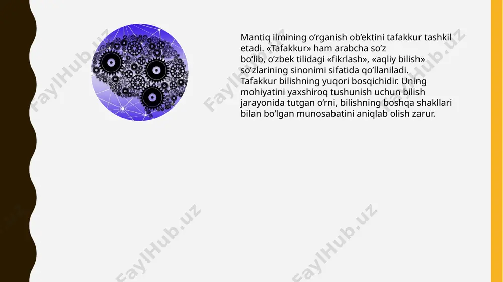 a, falsafaning muhim tarkibiy qismi sifatida mavjud bo’lsa, formal mantiq mustaqil fan sifatida shakllangan ta’limotdir. matematik mantiq fani. matematik mantiq – fikrlash jarayonini turli simvollar yordamida, matematik usul asosida o’rganadi. bu ta’limot mantiq fanining rivojlanishidagi yangi bosqich hisoblanadi. ammo matematik mantiqning matematikaning o’zidan ham, mantiq ilmidan ham farqli tomonlari bor. shuning uchun matematikaning barcha tomonlarini bu mantiq qonunlari bilan izohlab bo’lmaydi. shuningdek, mantiqiy qonun va shakllarining hammasini ham matematik usul bilan hal qilib bo’lmaydi. shunga qaramasdan matematik usul mantiq faniga singib bormoqda, uning ajralmas qismi bo’lib takomillashmoqda. foydalanilgan adabiyotlar 1. raximov i. logikadan amaliy mashg‘ulotlar va metodik tavsiyalar. t., «o‘zbekiston», 1988. 2. to‘raev b. mantiqdan amaliy mashg‘ulotlar.-t., 2009 3. xayrullaev m., haqberdiev m., mantiq.-t: «o‘qituvchi», 1993. 4. sharipov m., fayzixo‘jaeva d. mantiq. – t: g‘.g‘ulom nomidagi nashriyot, 2004 e’tiboringiz uchun raxmat image2.png image3.png /docprops/thumbnail.jpeg