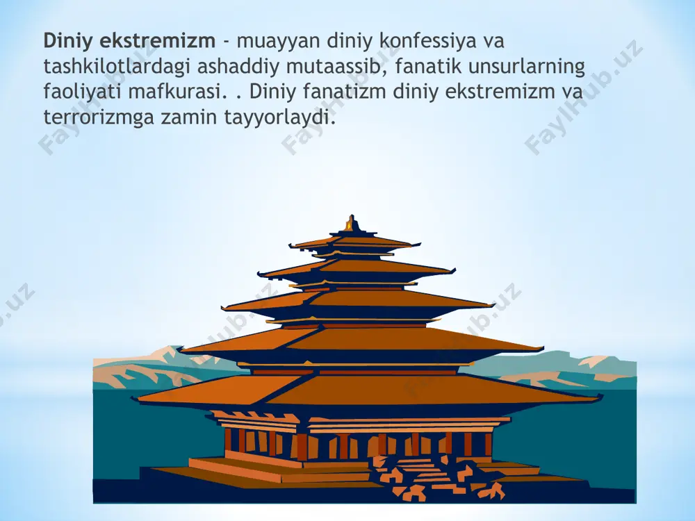 i o`z ichiga oladi. diniy –ekstremistik tashkilotlar faoliyatining jamiyat rivojiga salbiy ta`siri. izdan uzoq- yaqin masofalarda joylashgan ayrim islom davlatlarida o`rta asrlarda mavjud bo`lgan musulmon xalifaligini tiklashni o`z oldiga maqsad qilib qo`ygan muayyan tashkilotlar mavjud – deb yozadi islom karimov. image2.wmf image3.wmf image4.wmf image5.wmf image6.wmf image7.wmf image8.wmf image9.wmf image10.wmf image11.wmf image12.wmf image13.gif image14.jpeg image15.png image1.jpeg /docprops/thumbnail.jpeg