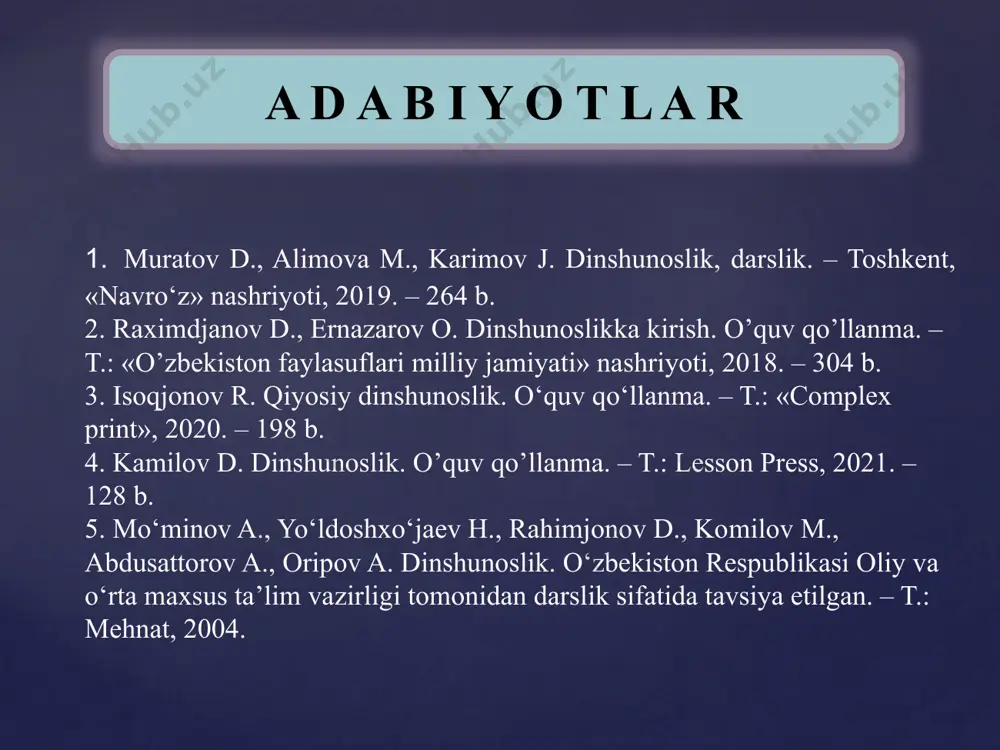 hdi. 12 musoga tegishli bo`lgan, besh kitob “tavrot” deb ataladi va u quyidagi kitoblarga bo`linadi: 1. “borliq” yoki “ibtido” 2.“chiqish”; 3.“levit” 4.“sonlar”; 5. “ikkincchi qonun”. 14 { xristianlir dinida xudoning uch qiyofasi quyidagilardan iborat: ota (boshlanishi bo‘lmagan boshlang‘ich asos) muqaddas ruh (jonlantiruvchi tamoyil) o‘g‘il yoki logos (mazmun va shakl beruvchi tamoyil) cho‘qintirish (kreщenie – suvga botirish). xristianlik ta’limotiga ko‘ra, cho‘qintirish orqali kishi dinga qabul qilinadi, ya’ni cherkov a’zosiga aylanadi. bu marosim insonni uch marotaba suvga botirish yoki boshidan suv quyish bilan birga, ruhoniy tomonidan maxsus so‘zlarni aytish orqali amalga oshiriladi. injilga ko‘ra, cho‘qintirish va muqaddas ruhning kelishi osmondan tug‘ilishning maxsus shartlaridan biridir. uning asosi sifatida injildan misollar keltiriladi: “iso javob berdi: “senga to‘g‘risini aytay, agar kim suvdan va ruhdan tug‘ilmas ekan, xudo saltanatiga kirmaydi”. cho’qintirish – sirli hodisasi. bunda dindor o’z tanasini uch marta suvga botirishi xudo-otani, o’g’ilni va muqaddas ruhni chaqirish bilan ruhiy tug’ilishni kasb etadi. { 17 3.xristianlikdagi …