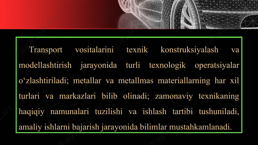 r va boshqalarning maketlari shular jumlasiga kiradi. this presentation uses a free template provided by fppt.com www.free-power-point-templates.com texnik konstruksiyalash va modellashtirish mashinalar hamda mexanizmlarni yaratish jarayoni bilan, detallarni tayyorlash va buyumlarni yig‘ishning zamonaviy texnologiyasi bilan yaqindan tanishish imkoniyatini yaratadi (2-rasm, a). this presentation uses a free template provided by fppt.com www.free-power-point-templates.com 2-rasm, а. yengil avtomobil konstruksiyasi: 1 – avtomatik boshqariladigan rul; 2 – tormoz kuchaytirish moslamasi; 3 – amortizatorlar; 4 – boshqarish uskunalari; 5 – piyodalarga qarshi ogohlantiruvchi tormoz tizimi; 6 – oldingi most (ko‘prik); 7 – disk tormozi supporti birikmasi; 8 – tormoz pedali; 9 – shinalar; 10 – qotishma g‘ildiraklar; 11 – orqa most (ko‘prik). this presentation uses a free template provided by fppt.com www.free-power-point-templates.com modellashtirish insonning tashqi va ichki dunyosi, materiallar xususiyatlari, atrofdagi muhit sharoitlarini e’tiborga olgan holda, yangi model yaratishning ijodiy jarayonini anglatadi. this presentation uses a free template provided by fppt.com www.free-power-point-templates.com modellashtirishda buyumning shakli …