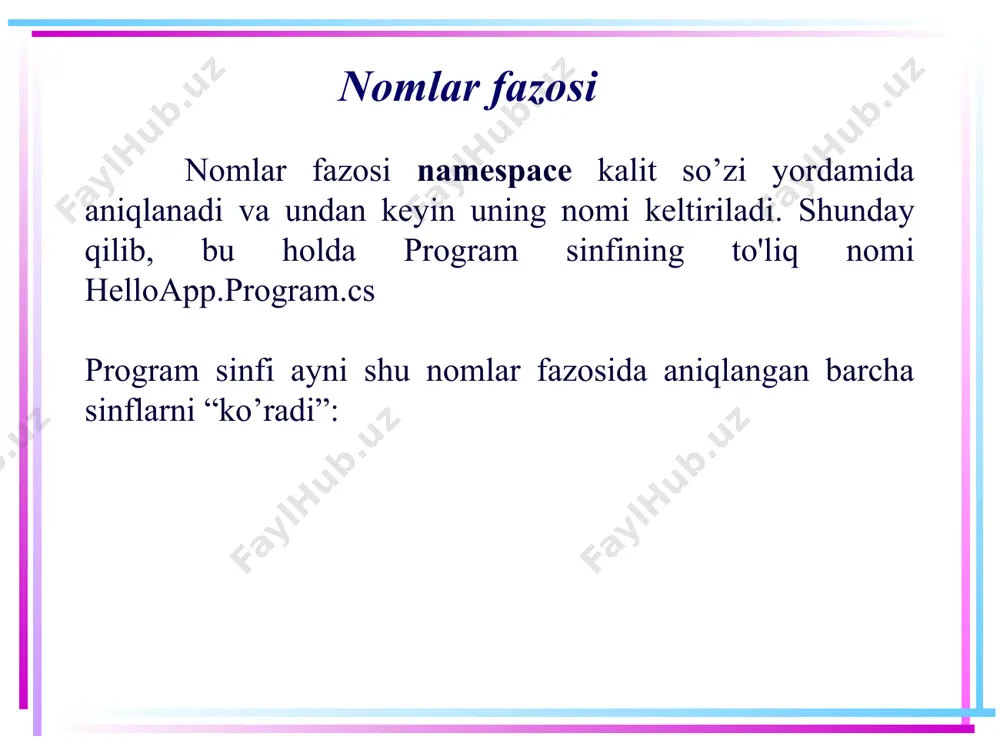 a o'z taxallusidan foydalanadi. masalan, satrni ekranga chiqarish uchun console.writeline() metodidan foydaniladi. endi console sinfiga taxallus o'rnatamiz: using printer = system.console; class program { static void main(string[] args) { printer.writeline("hello from c#"); printer.read(); } } 7 taxalluslar using printer = system.console; ifoda yordamida system.console sinfining taxallusi printer ekanligini ko'rsatish mumkin. ushbu ifodani faylning boshigagi nom fazosi bilan hech qanday umumiyligi yo’q, garchi unda using operatori ishlatilsa ham. bunda sinf aniqlangan nomlar fazosini hisobga olib, sinfning to’liq nomidan foydalaniladi. va bundan tashqari, satrni ekranga chiqarish uchun quyidagi ifodadan foydanilgan. printer.writeline("hello from c#"); 8 taxalluslar va yana bitta misol. sinf aniqlaymiz va uning uchun taxallusni belgilaymiz: using person = helloapp.user; using printer = system.console; namespace helloapp { class program { static void main(string[] args) { person person = new person(); person.name = "tom"; printer.writeline(person.name); printer.read(); } } 9 taxalluslar class user { public string name; } } sinf user deb nomlanadi, ammo …