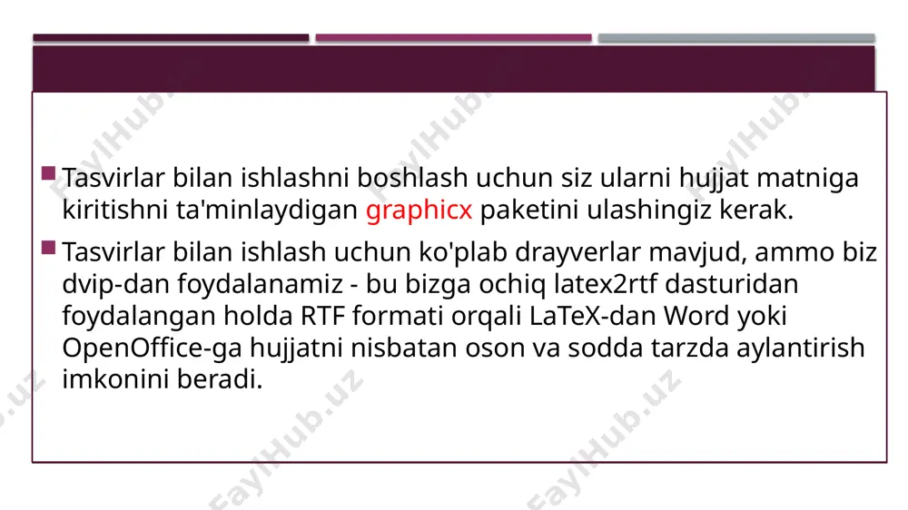 ogga, bu holda tex faylimiz bilan katalogda joylashgan noiseimages pastki katalogiga nusxa oling. rasm qo'shishdan tashqari, bizga sarlavha va unga havola qilish qobiliyati kerak. quyidagilarni bajaramiz rasmning matndagi oʻrnini aniqlash - \begin{figure}[h] “menga rasm kerak edi”. tex algoritmlariga sahifaning toʻliqligidan kelib chiqib qaror qabul qilishiga ruxsat berish “men bu yerda rasm bo‘lishini juda xohlayman” va mushtingiz bilan stolga urgandek -text \begin{figure}[h!]. rasm shu yerda va nuqta \begin{figure}[h] “men bu yerda rasmni xohlayman va bu zarur" va p harfi qo'shilishi bilan biz latexga rasmni quyidagi sahifaga alohida joylashtirishga majbur qilamiz: \begin{figure}[ph]. \caption{ma'lumotlar uchun signalning shovqinga bog'liqligi} rasmi ostiga sarlavha kiritish. rasmga havolani kiritish \label{ris:image} bu misolda hamma narsa oddiy va tushunarli: biz rasm papkasida joylashgan rasmni matnga joylashtirdik - joylashtirishni tanlashni tex ga qoldirdik. uning o'lchami butun chiziq bo’ylab bo'ladi, sarlavha "n-rasm: ma'lumotlar uchun signalning shovqinga bog'liqligi" bo'ladi, bu yerda n - hujjatni yig'ish paytida keyinroq qo'shiladigan raqam. \begin{figure}[h] \center{\includegraphics[width=1\linewidth]{image}} \caption{зависимость …