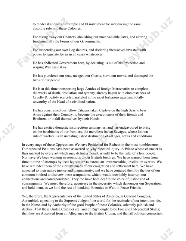 s, in times of peace, standing armies without the consent of our legislatures. he has affected to render the military independent of and superior to the civil power. he has combined with others to subject us to a jurisdiction foreign to our constitution, and unacknowledged by our laws; giving his assent to their acts of pretended legislation: for quartering large bodies of armed troops among us: for protecting them, by a mock trial, from punishment for any murders which they should commit on the inhabitants of these states: for cutting off our trade with all parts of the world: for imposing taxes on us without our consent: for depriving us in many cases, of the benefits of trial by jury: for transporting us beyond seas to be tried for pretended offences for abolishing the free system of english laws in a neighbouring province, establishing therein an arbitrary government, and enlarging …