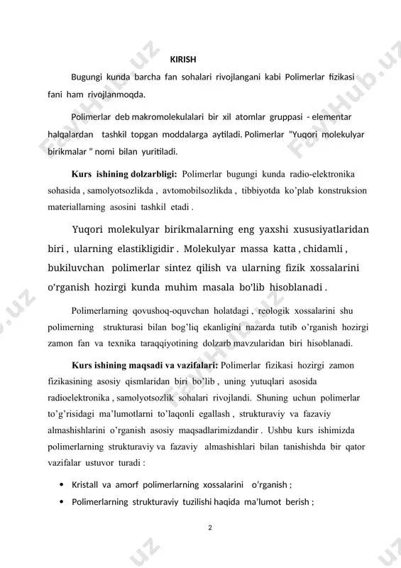 hlari bilan tanishish . yuqori molekulyar birikmalar tuzilishi jihatidan turli – tumandir . ular kristall va amorf polimerlarga bo’linadi. ko’pgina hollarda jismlarni tez sovitsak, amorf ko’rinishga o’tadi . masalan, glitserin yoki suvni tez sovitganimizda hosil bo’lgan amorf massa tiniq va mo’rt bo’lib , shishani eslatadi. moddalarning bunday holati shishasimon holat deyiladi. fazaviy almashish deb- moddaning bir turdan ikkinchi turga o’tishiga aytiladi . polimerlarda molekulyar og’irlik nihoyatda katta bo’lgani uchun ularning qaynash haroratlari juda yuqori bo’ladi . shuning uchun hamma mavjud bo’lgan polimerlarning qaynash haroratlari ularning parchalanish haroratidan yuqori bo’ladi, shu sababdan polimerlarni gazsimon holatga o’tkazib bo’lmaydi. biz ushbu kurs ishimizda polimerlarning fizik xossalarini , ularning strukturaviy tuzilishlarini, fazaviy almashishlarini ko’rib chiqamiz. 1.kristall va amorf polimerlarning xossalari qattiq moddalar kristall yoki amorf holda bo’lgani singari polimerlarda ham amorf yoki kristall holatlar mavjud . oddiy jismlarning amorf holatlari yaxshi o’rganilgan . kristall va amorf polimerlarning mexanik xossalari bilan tanishib chiqamiz . mexanik …