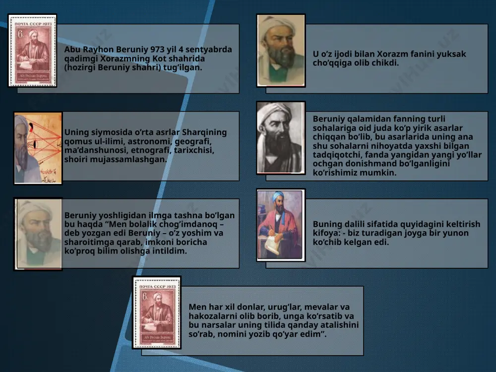 amma sohasiga qiziquvchi buyuk olim ekanini koʻrsatdi. bundan tashqari beruniy jurjonda astrono-miya, netrologiya tarixiga oid 10 dan ortiq asar yozdi. beruniy xorazmning yangi hukmdori abu abbos maʼmun ii ibn maʼmun tomonidan mamlakatning yangi poytaxti urganchga chaqirtirildi. xorazmshoh tomonidan juda katta izzat-ikrom bilan qabul qilingan. beruniy urganchda maʼmunning bevosita rahnamoligida vujudga kelgan ilmiy markazda faoliyat koʻrsatadi. xorazmning mahmud gʻaznaviy tomonidan bosib olinishi beruniy hayotini xavf ostiga qoʻyadi. u xorazmshoh saroyidagi barcha olimlar bilan birga gʻazna shahriga asir qilib olib ketiladi. beruniyning 1017–1048 yillarda gʻaznada kechirgan hayoti, bir tomondan nihoyat ogʻir kechgan boʻlsa, ikkinchi tomondan, uning ilmiy faoliyati uchun eng mahsuldor davr boʻdsi. beruniyning “xorazmning mashhur kishilari” asari ham shu davrda yaratilgan. uning muhim astronomik-geografik asari “tahdid nihoyot al-amoniya li tasʼhidi masofat al-masokin” (“turar joylar orasidagi masofani tekshirish uchun joylarning oxirgi chegaralarini aniqlash” – “geodeziya”) 1025 yilda yozib tugatilgan. beruniyning “munajjimlik sanʼatidan boshlangʻich tushunchalar” asari ham 1029 yil gʻaznada yozilgan. asarning forscha, …