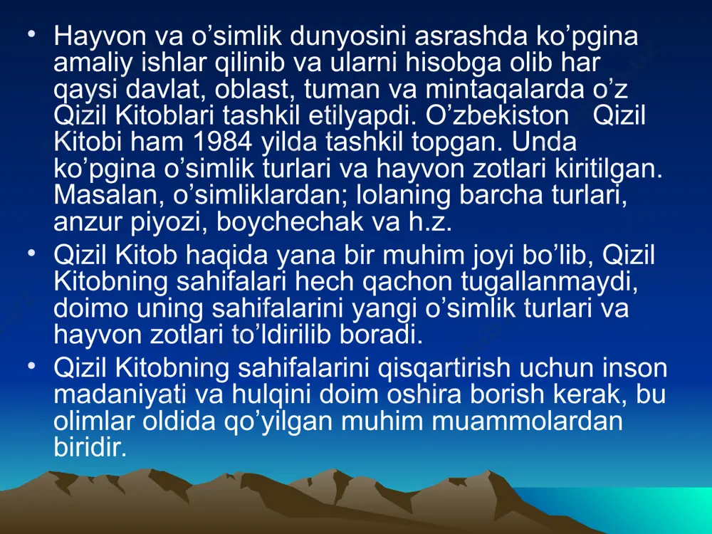 qatgina rasmlar, qo’lyozmalar, arxeologik topilmalar orqali bilamiz. lekin bu bilan biz ularni qattiq qoralay ham olmaymiz, chunki ularning ongi- bilimlari yetarli darajada emas edi. ammo bizning zamonamiz insonlarini kelajak avlod kechirmaydi-sababi, biz ixtisoslashgan, takomillashgan va mukammal insonlardirmiz. tabiat o’zining go’zalligi bilan o’ziga insonoyatni jalb etadi. har bir kishini maftunkor toğlarni qoplab turgan doimiy muzlar, ulardagi xushbo’y gullar, dorivor o’simliklar, hayvon turiari, toza havo, sho’x sharsharalari, muz chuqqilari, qoyalari bilan rom etadi. bularning hammasidan zavq. olish kerak, har bir narsaning o’z qadriga etish,tabiatdagi mujazgina bir jonli mavjudotni ham asray-avaylash lozim. lekin insonlar bularning qadriga etish, zavq olish o’rniga ularga ozor etkazishadi, masalan, toğda endi ochilgan gullarning eng kattasi, eng chiroylisini uzib olib, guldasta tayorlaydi, lekin o’ylab ko’rishmaydi-ki ozgina vaqt o’tib bu gullar so’lib, qurib qolishini, o’z chiroyini yuqotgan guldastani esa tashlab yuboriladi. boshqa mamlakatlarda bunday olishda ko’pgina ishlar qilingan. masalan, fransiyada toğ etaklarida odamlar, uchun turli mavzularda "murojaatnoma"lar taxtakachlarda qoqib qo’yilgan, …
