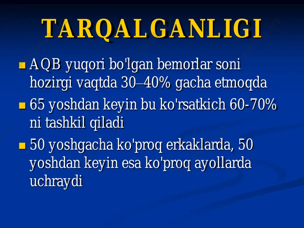 i. gkda ko'z tubi o'zgarishlari. 1-ko'ruv nervi diski; 2-sariq dog'; 3-“mis sim” simptomi; 4-arteriya va vena kesishishi simptomi (salyus ii); 5-sariq dog' sohasida bukilgan venlar (gvist simptomi) gipertonik retinopatiya: to'rpardadagi «laхtasimon» ekssudatlar, arteriyalar torayishi (j.d. swales) gipertonik retinopatiya: venalar trombozlari to'rparda gemorragiyalar (j.d. swales) gipertonik retinopatiya: ko'ruv nervi diskining shishi (j.d. swales) asoratlari  gipertoniya krizlari  miya qon aylanishining buzilishlari  miokard infarkti  nefroskleroz (birlamchi buyrak bujmayishi)  yurak etishmovchiligi  aorta anevrizmi davolashning asosiy tamoyillari aqbni optimal darajada ushlash nishon a’zolarini himoyalash risk omillarini bartaraf qilish dorilarsiz davolash - ortiqcha vaznni kamaytirish. - giperlipidemiya korrektsiyasi. - osh tuzini meyorlash. - alkogol istemol qilmaslik. - chekmaslik. - jismoniy faollikni oshirish. antigipertenziv dori vositalari β-adrenoblokatorlar noselektiv propranalol nadolol selektiv atenolol bisoprolol metoprolol kaltsiy antagonistlari digidropiridinlar nifedipin amlodipin isradipin fenilalkilaminlar verapamil benzodiazepinlar diltiazem apf ingibitorlari aktiv shakllari kaptopril lizinopril dori o’tmishdoshlari enalapril ramipril angiotenzin ii retseptorlari blokatorlari bifeniltetrazollar lazortan irbesartan …
