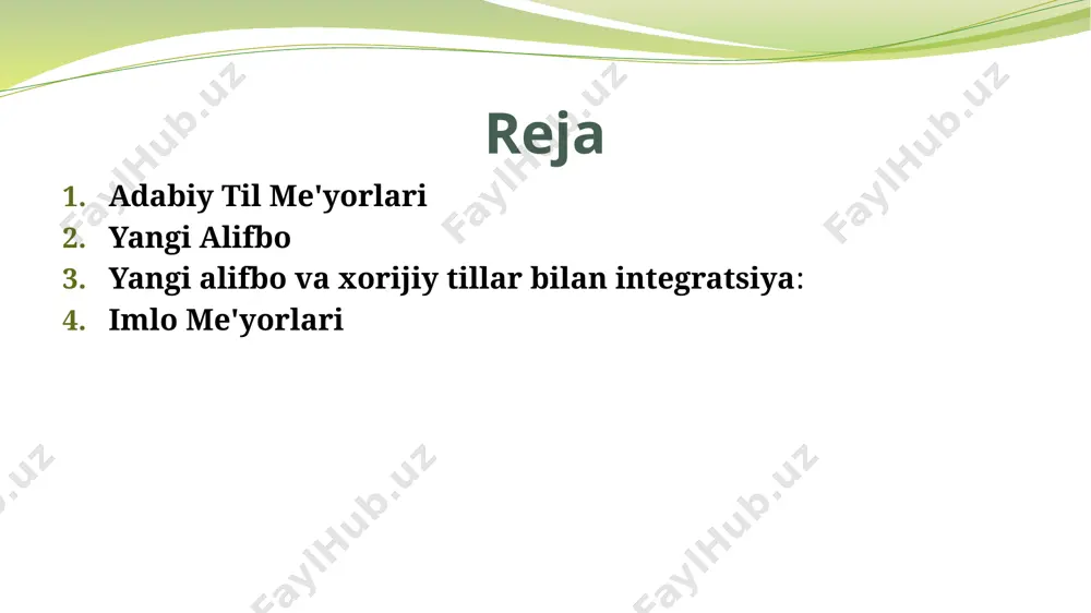 tortib, gap qurishning uslubiy xususiyatlariga qadar bo‘ladi. yangi alifbo yangi alifbo — bu 1993-yilda o'zbekistonda qabul qilingan yangi lotin alifbosiga asoslangan yozuv tizimidir. bu alifbo, o'zbek tilining xususiyatlariga moslashtirilgan va eski kiril alifbosidan farq qiladi. yangi alifboda o'zgarishlar quyidagilardir: harflarning soddalashishi: kiril alifbosidagi ba'zi harflar o'rnini yangilari egalladi. simplicity (soddalik): yangi alifbo yanada sodda va zamonaviy tarzda tuzilgan, ayniqsa, xorijiy tillar bilan o'zaro aloqalarni osonlashtirishga xizmat qiladi. yangi alifbo va u bilan bog‘liq qonunlar yangi alifbo joriy etilishi bilan yozuvda ba'zi so‘zlarning o‘zgarishi va yangi imlo me'yorlarining yaratilishi zarur bo‘ldi. misol uchun, eski "ў" harfi "o" bilan almashtirildi va "қ" o‘rniga "q" harfi kiritildi. yangi alifbo va imlo me'yorlarining amaliy o‘rni: qarorlar va qonunlarni joriy etish: 1993-yilgi qarorlar va qonunlar asosida yangi alifbo va imlo me'yorlarini keng miqyosda joriy etish, avvalo ta’lim tizimida va yozuvda yangi yondashuvlarni talab qildi. xususan, o‘quvchilarni yangi alifbo asosida o‘qitish, imlo me'yorlarini to‘g‘ri o‘rgatish uchun …
