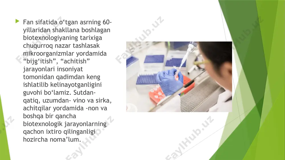 shadigan mikroorganizmlar miqdori kamayib ketsa, disbakterioz va u bilan bog‘liq boshqa kasalliklar ro‘y beradi. yana bir misol, tuprog‘i sterillangan, ya’ni mikroblari o‘ldirilgan tuvaklarga o‘simlik o‘tkazib barcha kerakli mineral o‘g‘itlarni ham sterillangan holda solsangiz, ko‘chat 4-5 kundayoq so‘lib qoladi. xxi – asrga zamonaviy biotexnologiya ulkan yutuqlar bilan kirib keldi. inson genomining to‘la o‘qilishi, oldindan rejalashtirilgan xususuyatlarga ega bo‘lgan shtammlarni yarata bilish, qarimaslik sirlarini ochish sari intilish, bir so‘z bilan aytganda abadiylikka intilish bugungi kun fani yutuqlari oldida afsona emasligi hammaga ma’lumdir. o‘tgan asrning 80 – 90 yillaridan boshlab, dunyo olimlarining “xxi – asr biotexnologiya asri” bo‘ladi degan bashoratomo‘z so‘zlari bejiz emasligi ko‘plab misollar bilan o‘z tasdig‘ini topmoqda. rivojlangan, zamonaviy biotexnologiya fanining asosida uning ulkan yutuqlarining manbai bo‘lmish mikroorganizmlar dunyosi yotadi. shunday ekan erishilgan yutuqlarda ko‘z ilg‘amas, jajji organizmlarning ham o‘z o‘rni bor albatta. keling, endi ushbu tarmoqlarning respublikamizda rivojlanishi uchun nimalarga e’tibor berishimiz lozimligi haqida fikr yuritaylik. dastlab, e’tiborimizni butun jahon …