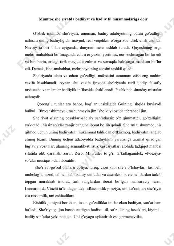 a’kidlaganidek, «rassomlik-poeziya, uni ko’radilar; she’riyat esa rassomlik, uni eshitadilar». kishilik jamiyati bor ekan, inson go’zallikka intilar ekan badiiyat, san’at ham bo’ladi. she’riyatga jon baxsh etadigan hodisa –til, so’z. uning bezaklari, kiyimi - badiiy san’atlar yoki poetika. uni g’oyaga aylantirish esa germenevtika. so’z g’ishtlari mantiqning a’lo ranglari bilan bo’yalib, so’z san’atining arxitektori, me’mori-shoir tomonidan farosat bilan ijodiy usulda o’z o’rniga qo’yilsa, muhtasham va yarqiroq she’riyat binosi vujudga keladi. ana shundagina bu muhtasham so’z koshonasi ham salobatli, ham dilbar hamda adabiy qulamas bo’ladi. asrlar mobaynida yashab kelgan yombidek zalvorli, pishiq va to’laqonli so’zlar – ona, ota-bobolar, er, daraxt, tog’, vodiy kabi so’zlardir. ular astoydil aytiladigan, tillarning tub-tubidan chiqadigan chin so’zlardir. bularning har biri cho’ponga ham, hukumat a’zosiga ham bab-baravar tushunarli. ularning har biri nafaqat bizning aql-idrokimizni harakatga keltiradi, balki tuyg’ularimizni ham qo’zg’atadi, qalblarda xotiralar to’lqinini hosil qiladi, tasavvurlarimiz va sezgilarimizni junbushga keltiradi. ularning har biri zamirida hech narsa bilan almashtirib bo’lmaydigan shunday …
