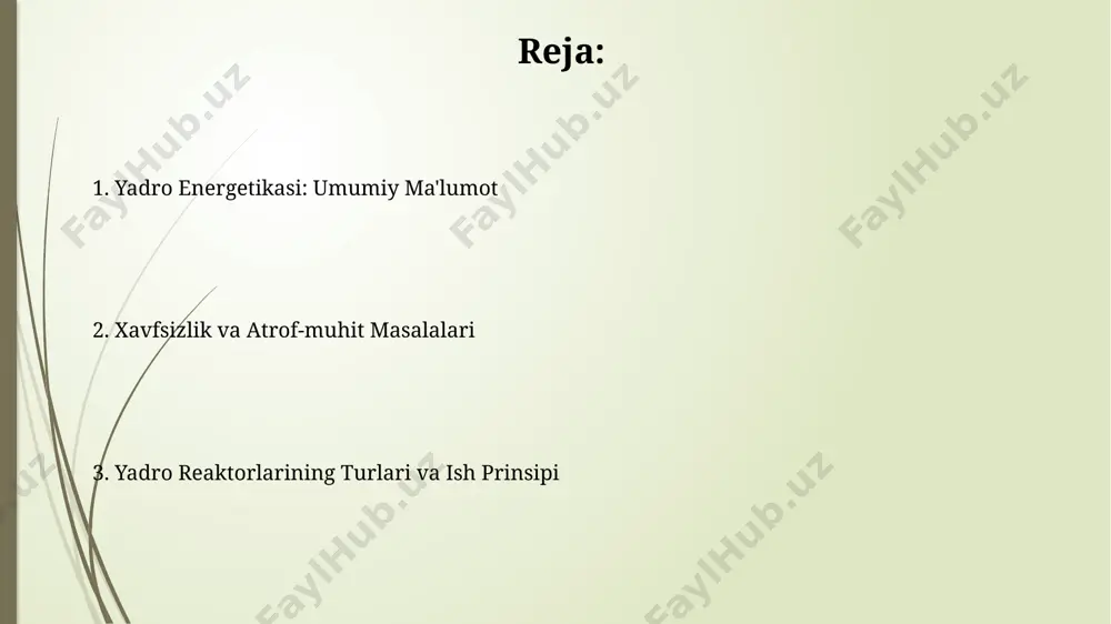 qilmoqda. xitoyning "hualong one" kabi yangi reaktori dizaynlarining rivojlanishi, energiya samaradorligini 15% ga oshirish va radioaktiv chiqindilarni kamaytirish orqali yadro energiyasining kelajagiga katta ta'sir ko'rsatishi kutilmoqda. yadroviy reaktorlarning turlari frantsiyada keng tarqalgan rbmk (rbmk-1000) reaktorlari grafitik moderatorga ega va yuqori quvvatli elektr stansiyalarida qo'llaniladi, ammo xavfsizlik choralari jihatidan chernobil voqeasidan keyin qayta ko'rib chiqilgan. pwr (bosimli suvli reaktor) turlari, masalan, vver-1000 rossiya dizayni, jahonning 30 dan ortiq mamlakatlarida, shu jumladan, ukraina va bolgariyada qo'llaniladi va yuqori ishonchlilik bilan ajralib turadi. yadro zanjiri reaksiyasi yadro zanjiri reaksiyasi, kritik massa deb ataluvchi minimal miqdordagi uran-235 yoki plutoniy-239 kabi boʻlinuvchi material mavjud boʻlganda, chernobil aesida sodir boʻlganidek, nazoratsiz oʻz-oʻzidan kuchayishi mumkin. yadro zanjiri reaksiyasining tezligi neytronlarning koʻpayish koeffitsiyenti (k) bilan aniqlanadi; k>1 boʻlsa, reaksiya kuchayadi, k<1 boʻlsa, susayadi, k=1 boʻlsa, reaksiya barqaror boʻladi, bu esa reaktorning ishlashini boshqarishga imkon beradi. yadroviy energiya: kirish o‘zbekiston yadro texnologiyalarini tinch maqsadlarda qo‘llash borasida xalqaro hamkorlikni rivojlantirmoqda …