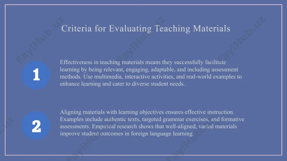 effectively support language learning goals. aligning materials with learning objectives is crucial for success. critical analysis helps select and improve resources. effective design boosts student engagement and comprehension. continuous evaluation and adaptation are essential for effective language instruction. 1 2 references 1. lópez, m. (2018). criteria for evaluating teaching materials in language education. routledge. 2. brown, h. d. (2019). principles of language learning and teaching. pearson education. 3. johnson, k. (2020). critical approaches to language resource design. cambridge university press. 4. smith, j. (2017). assessing effectiveness of foreign language teaching materials. journal of language teaching research, 12(3), 45-60. 5. williams, r. (2021). enhancing language instruction through material evaluation. tesol quarterly, 55(2), 250-265. thank you! designed by slides carnival image1.png image2.png image3.png image10.jpg image4.png image5.png image7.png image8.png image9.png