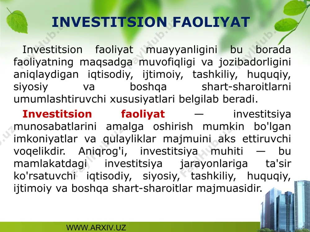 shqa oqibatlarini ham hisobga olish darkor. www.arxiv.uz www.arxiv.uz * investitsion faoliyatga ta'sir etuvchi omillar qulay investitsiya muhiti investorning u yoki bu davlat iqtisodiyotiga mablag' sarflashi maqsadida shart-sharoitlarning qulayligini, ya'ni siyosiy, iqtisodiy va ijtimoiy sharoitlarning yaratilganligini o'z ichiga oladi. «har bir mamlakatdagi investitsiya muhiti, birinchi navbatda, uning siyosiy barqarorligidadir. xuddi ana shu omil chet ellik investorlarning boshqa mamlakatga uzoq muddatli shartnomalar asosida resurslarni kiritish imkoniyatini beradi». www.arxiv.uz www.arxiv.uz * investitsion faoliyatga ta'sir etuvchi omillar ishchi kuchi. ko'pincha xorijiy investitsiyalarni kiritishning asosiy sababi qilib qabul qiluvchi mamlakatda ish kuchining arzonligi ko'rsatiladi. lekin investitsiyalarni jalb qilishga savodxonlik, ishchi kuchining malaka darajasi, mehnat qilish etikasi, mehnat unumdorligi darajasi, turli ijtimoiy harakatlarning ishlab chiqarish jarayoniga ta'siri va boshqalar ham o'z ta'sirini ko'rsatadi. banklar va moliya. mamlakatda jahon savdosi va investitsiya sohasida foydalaniladigan barcha moliyaviy instrumentlar mavjudligi ushbu sohadagi xizmatlar sifatini anglatadi. investorlar uchun mamlakatda yetarli miqdorda faoliyat ko'rsatuvchi moliya institutlari va jahondagi yirik banklarga tegishli …