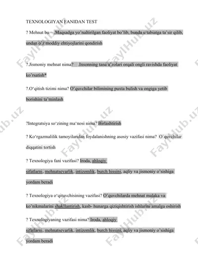 texnologiyan fanidan test — DOCX