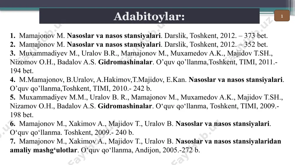 o‘yicha gidravlik qarshiliklar natijasida, isrof bo‘lgan bosim miqdori. quvurdagi gidravlik qarshiliklarni, quyidagi formula orqali aniqlash mumkin: ekanligini hisobga olsak, quyidagi formulsani hosil qilamiz: berilgan quvurlar sistemasi uchun l, d, f, 2g va λ o‘zgarmas bo‘lganligi sababli, - deb belgilab olamiz va quyidagi formulani hosil qilamiz: н = нgeom+ кq2 (2) quvurlar sistemasining bosim xarakteristikasi formulasi hosil bo‘ladi. formuladagi: ξ=0,08 – mahalliy qarshiliklar koeffitsenti; λ – quvurlarning gidravlik qarshiliklar koeffitsenti; l va d – quvurlarning uzunligi va diametri; f – quvurning ko‘ndalang kesim yuzasi; k – quvurning o‘lchamlari va materialini ifodalaydigan proporsionallik koeffitsenti(qarshilik koeffitsenti). 5 6 suv sarfining xar xil miqdorlarida, (2) formula bilan hisoblangan nuqtalar orqali o‘tkazilgan egri chiziq, quvurlar xarakteristikasi deyiladi (5-rasm). hosil bo‘lgan egri chiziq (quvurlar xarakteristikasi) bilan, nasosning bosim xarakteristikasi kesishgan (а) nuqta, nasos qurilmasining ish nuqtasi deyiladi(6-rasm). 5-rasm. quvurlar xarakteristikasi. 6-rasm. nasos qurilmasining ishchi nuqtasi. 7 quvurlar tizimining napor xarakteristikasi hquv(q) berilgan na­sosning napor xarakteristikasi h(q) …