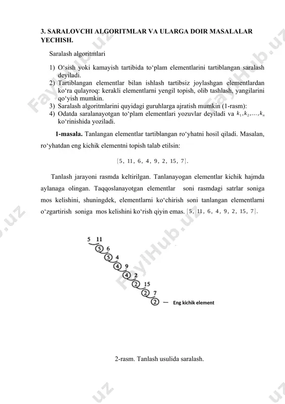 oydalanish samaralidir. bu esa joylashtirish usulidan qo‘shib saralash jarayonida foydalanish mumkinligini bildiradi. joylashtirish usulida saralangan k uzunlikdagi qism massiv qo‘shib saralash algoritmining o‘zgarishini qarab chiqamiz, shundan so‘ng ular oddiy qo‘shib saralash usuli mexanizmi yordamida ular birlashtiriladi. k kattalik masalani yechish jarayonida topilishi kerak bo‘ladi. a) joylashtirish usulida saralash k uzunlikdagi ketma-ketlikni eng yomon holda vaqt ichida saralash imkonini berishini ko‘rsating. b) ushbu ketma-ketlikni eng yomon holda vaqt ichida bajarishni ko‘rsating. c) agar ushbu o‘zgartirilgan algoritm eng yomon holda vaqt ichida bajarilsa, u holda n dagi funksiya sifatida k ning eng katta qiymati nimaga teng bo‘ladi. 4-masala. massivni joylashtirish usulida saralashdir. (insertion-sort). kvadratlar bilan belgilangan massiv elementlarining yuqori qismida elementlar indekslari va kvadratlar ichida mos elementlar qiymatlari berilgan. bu rasmning a-d qismi for sikliga mos keladi. 1-8 qatorida for sikl iteratsiya psevdokodlari (a)-(d) rasm qismiga mos keladi. har bir iteratsiyada qora kvadratlarda a[j] kaliti qiymatlari tashkil topgan bo‘lib, undan chapda joylashgan …