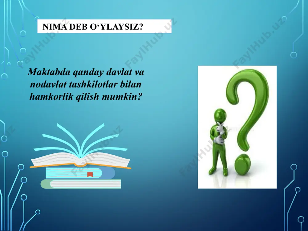 lgan ota-onalar «tili»da gapiring ochiq ta'lim, ota-onalar uchun har qanday vaqtda, istagan dars mashg‘ulotiga kirish imkonini yarating; muassasa rahbariyatining ommaviy chiqishlari; muassasaning ramzlari, atributlari va an'analarining mavjudligi; rag‘batlantirish tizimini yo‘lga qo‘yish, ayniqsa, taqdirlangan o‘quvchilarni. jamoatchilik bilan ishlash faoliyati yo‘nalishlari ijtimoiy ahamiyatlilikka urg‘u berish bilimlar kuni va so‘ngi qo‘ng‘iroq chet el olimlari bilan uchrashuvlar bellashuvlar, ko‘rgazma-lar, muzeylar faoliyati axborot xizmatini tashkil etish oavga press-relizlar taqdim etish jurnalistlarni taklif etish yangiliklar almashish oav bilan o‘zaro hamkorlik oav bilan ishlash jamoatchilik bilan ishlash faoliyati yo‘nalishlari axborot manbaalari, ta'lim muassasasi haqidagi ommaviy ma'lumotlarni kengaytirishga imkoniyatlar yaratishda foydalanish tm tarixi haqidagi faktlardan foydalanish; tm tashkil etilishi, rivojlana borishi, xodimlari va o‘quvchilari hayotidagi qiziqarli va takrorlanmas voqeliklar; faxriylar xotirasi; o‘quv jarayonidan tasvirlar va videolavhalar. oav bilan ishlash jamoatchilik bilan ishlash faoliyati yo‘nalishlari “jamoatchilik“ tushunchasi (tmga nisbatan) tm joylashgan hudud aholisi; yuqori tashkilotlar; o‘quv-tarbiya jarayoniga bog‘liq vakolatlagi turli jamoatchilik tashkilotlari; tm pedagogik jamoasi; o‘quvchilar ota-onalari va vasiylari; …