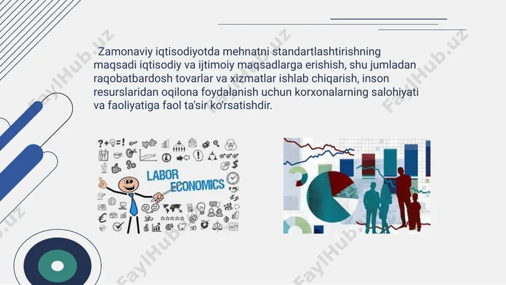birligiga sarflangan vaqt;  xodimlar soni normasi – ma’lum hajmdagi ishlarni bajarish uchun zarur bo‘lgan bir guruh (kasb, malaka) ishchilarining soni. mehnatni normalashtirish usullari standartlashtirish usuli - bu  zaruriy vaqtni aniqlash,  ishlab chiqarishning standart yaratuvchi omillarini aniqlash va hisobga olish,  kuzatish materiallaridan foydalanish,  operatsiya tarkibi va mazmunini loyihalash,  ishlab chiqish usullari majmuidir. standartlar va mehnat normalari. mehnat me'yorlarini ilmiy asoslash usullari. mehnatni normalashtirish usullarining tasnifi analitik xulosa analitik-hisoblash tajribali analitik-tadqiqot analogiya usuli statistik image1.jpeg image2.jpeg image3.jpeg image4.jpeg image5.jpeg image6.jpeg image7.png image8.jpeg set of business people bankrupt, economic problems