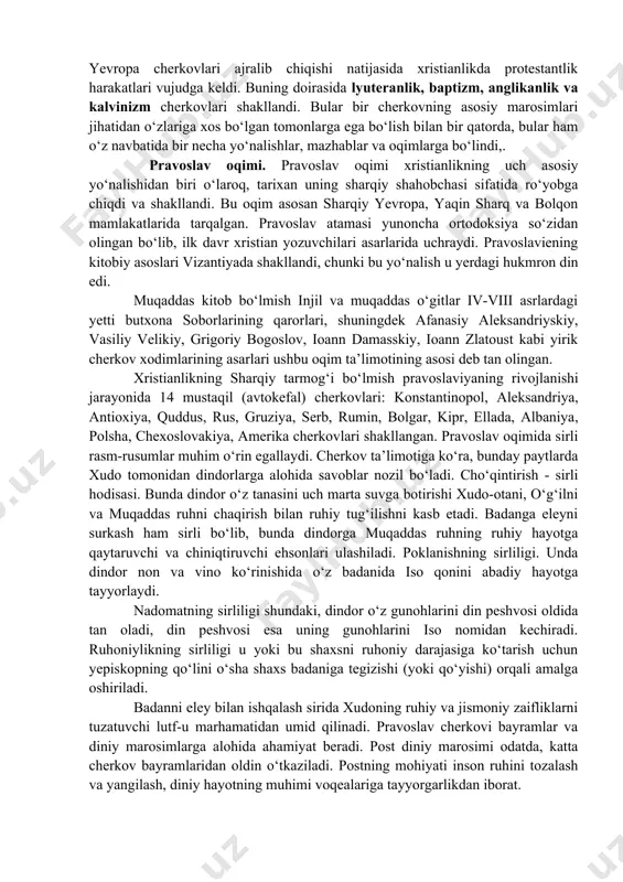 dudidagi xristian jamoalarini o‘zaro kelishtirish va tartibga solish maqsadida nikey shahrida i butun olam xristian soborini chaqirdi. 381-yili konstantinopolda ii butun olam xristian sobori bo‘lib o‘tdi. bu soborlarda xristianlik ta’limotining asoslari qabul qilindi va bu asoslar 12 qismda ifodalandi. birinchi qismda olamni yaratgan xudo haqida so‘z yuritiladi. ikkinchi qismda xudoning o‘g‘li iusus xristosga iymon keltirish haqida so‘z boradi. uchinchi qismda ilohiy mujassamlashuv haqida so‘z yuritilib, unga ko‘ra, iso xudo bo‘la turib, bokira bibi maryamdan tug‘ilgan va inson qiyofasiga kirgan. to‘rtinchi qismda isoning azob-uqubatlari va o‘limi haqida so‘z ketadi. bu gunohlarning kechirilishi haqidagi aqidadir. bunda isoning tortgan azoblari va o‘limi tufayli xudo tomonidan insoniyatning barcha gunohlari kechiriladi deb e’tiqod qilinadi. beshinchi qismda isoning xochga mixlanganidan so‘ng uch kun o‘tib qayta tirilganligi haqidagi aqida keladi. oltinchi qismda isoning meroji haqida so‘z yuritiladi. yettinchi qismda isoning nuzuli (ikkinchi marotaba yerga qaytishi) haqida so‘z yuritiladi. sakkinchi qism muqaddas ruhga iymon keltirmoq borasidadir. to‘qqizinchi qism …