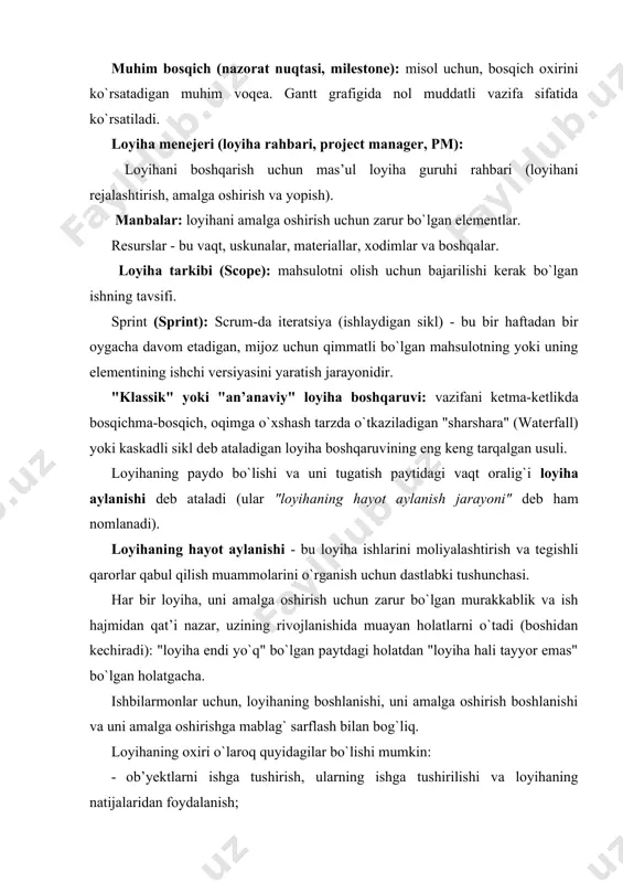 yiha xodimlarini boshqa ishga joylashtirish; · ko`rsatilgan natijalar bilan erishilgan natijalar; · loyihani moliyalashtirishni tugatish; · original reja (modernizatsiya) bilan ko`zda tutilmagan loyihaga katta o`zgarishlar kiritish bo`yicha ishlarning boshlanishi; · loyiha ob’yektlaridan foydalanishni tugatish. odatda, loyiha ustida ishlashni boshlash haqiqati va uni tugatish haqiqati rasmiy hujjatlar bilan rasmiylashtiriladi. loyihani amalga oshiradigan holatlar fazalar (bosqichlar) deb nomlanadi. loyihani amalga oshirish jarayonini taqsimlashda universal yondashuv yo`q. shuning uchun, amalda, loyihani bosqichlarga bo`linish juda xilma-xil bo`lishi mumkin - agar bunday bo`linish faqatgina ba’zi muhim nazorat nuqtalarini ("muhim bosqichlar") namoyon etsa, o`tishi davomida qo`shimcha ma’lumotlarning ko`rib chiqilishi va loyihani ishlab chiqishning mumkin yo`nalishlari baholanadi. o`z navbatida, har bir tanlangan faza (bosqich) keyingi bosqichning (bosqichlar, pastki bosqichlar) va boshqalarning fazalariga (bosqichlariga) bo`linishi mumkin. masalan, metropolitenning qurilishi, neft va gaz konlarini ishlab chiqish va boshqalar kabi juda katta loyihalarga nisbatan qo`llaniladigan bosqichlarning soni va ularni amalga oshirish bosqichlari ko`paytirilishi mumkin. katta loyihalarda qo`shimcha bosqichlarni qazib olish …