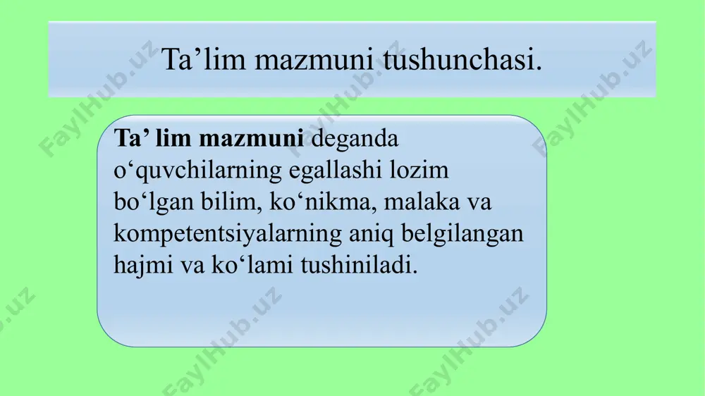 ngan ta’ lim mazmunini o‘quvchiga yetkazish uchun ajratilgan o‘ quv soatlari (davlat ixtiyoridagi va maktab ixtiyoridagi soatlar)ning minimal hajmini belgilaydi umumiy o‘rta ta’limning malaka talablari umumta’lim fanlari bo‘yicha ta’lim mazmunining majburiy minimumi va yakuniy maqsadlariga, o‘quv yuklamalari hajmiga hamda ta’lim sifatiga qo‘yiladigan talablardan iborat. baholash mezoni davlat ta’lim standarti bo‘yicha umumiy o‘rta ta’limning malaka talablarini o‘quvchilar tomonidan o‘zlashtirilishi darajasini hamda umumiy o‘rta ta’lim muassasasining faoliyati samaradorligini aniqlaydigan mezonlar majmuidan iborat умумий назарий ta’lim mazmunini belgilab beruvchi me’yoriy hujjatlar ilmiy pedagogik adabiyotlarda ta’lim mazmunini shakllantirishning quyidagi 3 bosqichi ko‘rsatiladi: o’quv bosqichi o’quv materialini o’zlashtirish bosqichi o’quv rejasi o’quv dasturi darsliklar umumiy nazariy bosqichi 1.o’quv rejasi tayanch o’quv rejasi namunaviy o’quv reja maktab o’quv rejasi dtsning tashkiliy qismi hisoblanadigan asosiy me’yoriy xujjat bo’lib, u namunaviy va amaliy o’quv rejalarini ishlab chiqish uchun asosdir. tayanch o’quv reja dts tarkibiy qismi sifatida o’zbekiston respublikasi vazirlar maxkamasi tomonidan tasdiqlanadi maktab al va kxllarning namunaviy o’quv …