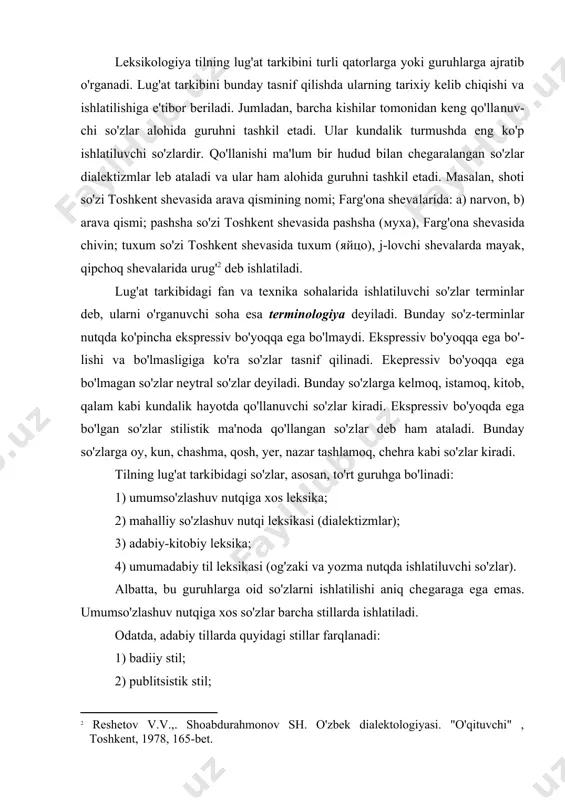 r stilistik ma'noda qo'llangan so'z​lar deb ham ataladi. bunday so'zlarga oy, kun, chashma, qosh, yer, nazar tashlamoq, chehra kabi so'zlar kiradi. tilning lug'at tarkibidagi so'zlar, asosan, to'rt guruhga bo'linadi: 1) umumso'zlashuv nutqiga xos leksika; 2) mahalliy so'zlashuv nutqi leksikasi (dialektizmlar); 3) adabiy-kitobiy leksika; 4) umumadabiy til leksikasi (og'zaki va yozma nutqda ishlatiluvchi so'zlar). albatta, bu guruhlarga oid so'zlarni ishlatilishi aniq che​ga​raga ega emas. umumso'zlashuv nutqiga xos so'zlar barcha stillarda ishlatiladi. odatda, adabiy tillarda quyidagi stillar farqlanadi: 1) badiiy stil; 2) publitsistik stil; 3) ilmiy stil; 4) rasmiy ish qog'ozlari stili; 5) so'zlashuv stili. so'zlar ham bu stillarda ishlatilishiga ko'ra tasnif qilinadi. neytral so'zlar barcha stillarda qo'llanaveradi. terminlar esa fan va texnikaga oid ilmiy asarlarda ishlatiladi. terminlar badiiy uslubda ham ba'zan uslub talabiga ko'ra qo'llaniladi. masalan, urush mavzusida yozilgan asarlarda harbiy terminlar qo'llaniladi. asqad muxtorning "daryolar tutashgan joyda" asarida sanoat va ishlab chiqarishga oid terminlarning keng qo'llanilganligi kuzatiladi. dialektizmlar ilmiy va …