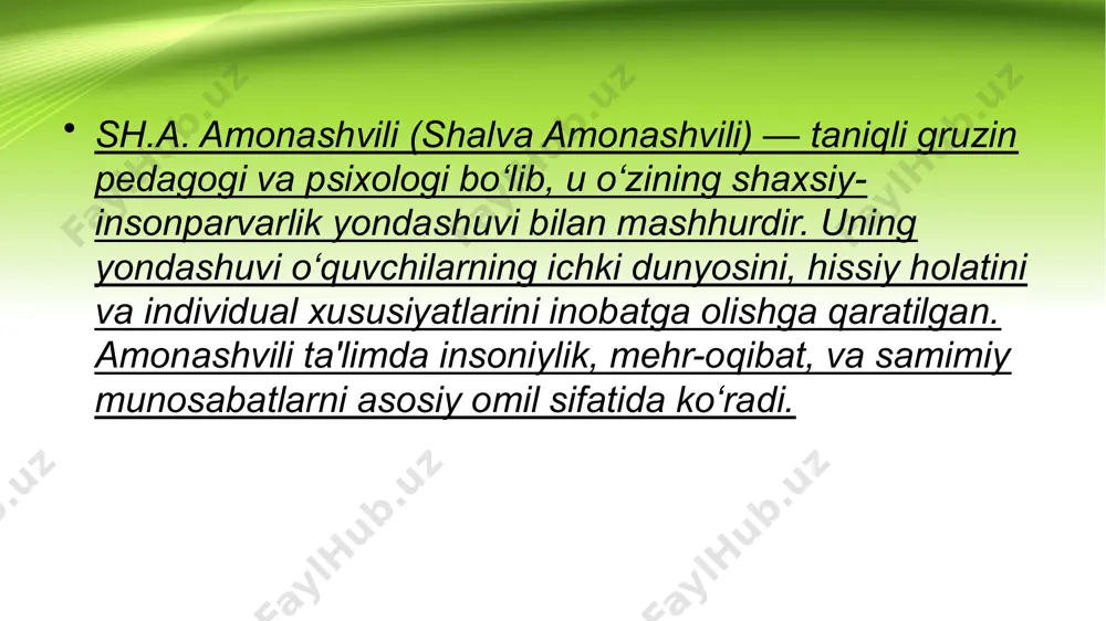 vchining o‘quvchilarni tushunishga harakat qilishi va har bir o‘quvchiga individual yondashuvni taklif etishi zarur. amonashvili yondashuvi nafaqat o‘qituvchining roli, balki ta'lim muhitining barcha jihatlarini shaxsiy va insonparvar asosda shakllantirishni o‘zida mujassam etadi. u o‘quvchilarga nafaqat bilim, balki hayotda to‘g‘ri qarorlar qabul qilish va o‘zlarini hurmat qilishni ham o‘rgatadi. sh.a. amonashvili shaxsiy-insonparvarlik yondashuvini yanada chuqurlashtirib, ta'lim jarayonini nafaqat bilim berish, balki o‘quvchilarning his-tuyg‘ulari va individual ehtiyojlarini inobatga olish orqali amalga oshirishni ta’kidlaydi. u quyidagi asosiy tamoyillarga amal qiladi: 1. pedagogik munosabatning samimiyligi amonashvili ta'limda pedagog va o‘quvchi o‘rtasidagi munosabatlarning samimiy bo‘lishi zarurligini ta’kidlaydi. o‘qituvchi o‘quvchilar bilan samimiy, ochiq va insofli munosabatda bo‘lishi kerak. bu o‘quvchilarni o‘zlarini erkin his qilishga, ularning shaxsiy rivojlanishiga yordam beradi. 2. o‘quvchilarni hurmat qilish va ularga e'tibor qaratish sh.a. amonashvili har bir o‘quvchining o‘ziga xosligini tushunish va uni hurmat qilish zarurligini ta'kidlaydi. o‘quvchilarni o‘zlarini hurmat qilish, ularga ishonch bildirish va ehtiyotkorlik bilan yondashish, ularning o‘ziga bo‘lgan ishonchini …