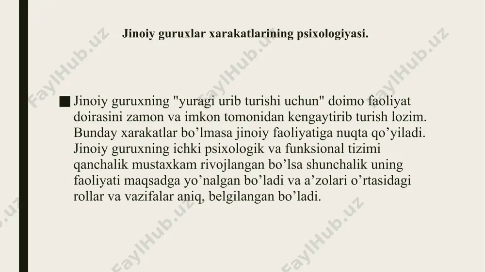 ; 1.bo’ysundirish, jazo xukmi (jazo olish, undan xalos bo’lishi); 2.etalon xukmi (gurux a’zosi yetakchiga o’xshash uchun intilishi); - normativ xukmi (tartib-qoida, urf-odatlarga bo’ysunish); bilarmonlik xukmi (yetakchining obru-e’tibori, uning bilimi, malakasining axamiyatliligi); -ma’lumot xukmi (yetakchi shaxsan o’zi ma’lumot olishga qodir). hozirgi zamon sharoitida pastki bo’shliqda jonlashgan gurux a’zolari o’zlarining boshliqlari (yetakchilari)ni bilmasliklari mumkin: (fitna tufayli). uyushgan jinoiy gurux (jamoa)larning shakllanishiga sobiq spotchilar uyushmasi manba bo’lib xisoblanishlari mumkin. bunga ijtimoiy- psixologik asoslar sabab bo’lishi mumkin: "katta spotrni" tashlab ketgan spotchilar kelgusida o’zining ichki zaxiralarini yo’qotgan, ma’lum bir kasbda bilim va malakalarini qo’llay olmasliklari, moddiy ta’minoti yo’qligi jinoiy guruxlarga a’zo bo’lib qolishlariga imkon yaratadi. uyushgan jinoyatchilik uyushgan jinoyatchilik ijtimoiy o’ta xavfli bo’lib, jinoyatchilikning «cho’qqisi»ni anglatadi. u odatdagi «jinoiy sheriklar»dan farqli o’larok jinoiy xamjamiyat tarzidagi faoliyatni bildiradi. uyushgan jinoyatchilik - barqaror xodisa bo’lib, odatdagi jinoyatning oldini olish - profilaktika tadbirlariga bo’ysunavermaydi, chunki jinoiy jamoa ishtirokchilarining kriminogen bog’likligi doimiy o’zaro ta’sir bilan kuchaytirib turiladi, gurux …