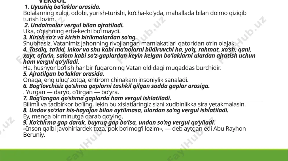 li ma’lumotlarni uchratish mumkin. 6. aytilishi lozim bo‘lgan fikr o‘ta kuchli his-hayajon bilan aytilsa, ketma-ket uchta belgi qo‘yiladi. charos kafti bilan yuzini to‘sgancha o‘zini orqaga tashladi. — a-a-a!!! — dedi chinqirib. 7. his-hayajon bilan aytilgan so‘roq, shuningdek, ritorik so‘roq gaplardan so‘ng. kimdir seni kutsa, kimnidir sen ham sog‘insang, qanday baxt bu! qavs 1. kiritma gaplarda. o‘zbekiston paxta ishlab chiqarish bo‘yicha yetakchi davlatlardan biri hisoblanib (xitoy, aqsh, hindiston va pokistondan keyin beshinchi o‘rinda turadi), eksport bo‘yicha aqshdan so‘ng ikkinchi o‘rinda turadi. 2. remarkalarda. xon (yolg‘iz). shu tiriklikdan-da bezdirdilar meni (turib yuradur). bir dushmanimning qoni qurimayin yana bittasi chiqib qoladur. 3. olingan misollar va gaplarning asosi qavs ichida beriladi. ilm insonlarning madori, hayoti, rahbari, najotidur. (abdullo avloniy) jannat onalar oyog‘i ostidadur. (hadisdan). «qasosli dunyo». («avlodlar dovoni» romanidan) 4. izoh ma’nosidagi so‘z yoki so‘z birikmalarida. demokratiya yunoncha so‘z bo‘lib, tarjimada xalq hokimiyati (demos — xalq, kratos — hokimiyat) ma’nosini bildiradi. 5. shaxs, joy, …