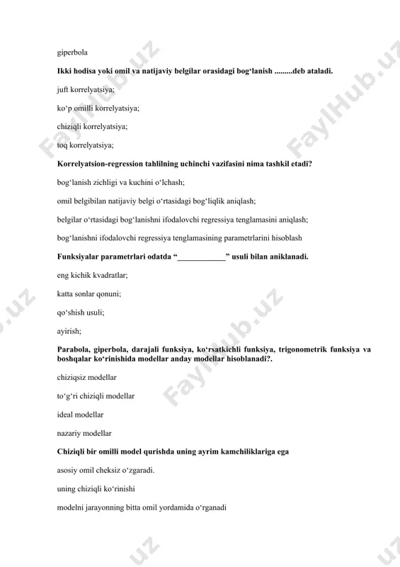 ning qaysi turiga tegishli o`rtacha arifmetik oddiy o`rtacha arifmetik tortilgan o`rtacha garmonik tortilgan o`rtacha garmonik oddiy o‘rganilishi lozim bo‘lgan to‘plamdan zaruriy miqdordagi birliklarni maxsus usullar bilan tanlab olinishi va bosh to‘plamga tarqatilishi statistikada .........deyiladi. tanlama kuzatish ommaviy kuzatish qisman kuzatish asosiy massivni kuzatish to‘plamning bir xillik darajasnii quyidagi ko‘rsatkichlardan qaysi biridan foydalanish mumkin? variatsiya koefitsienti variatsiya kengligi o‘rtacha kvadratik chetlanish dispersiya ..... ko`ra tanlamaga qancha ko`p birlik jalb qilinsa tasodifiy miqdorning matematik kutilishi o`rtachaga shuncha yaqinlashadu. 3 ta sigmaga katta sonlar qonuniga eng kichik kvadratlar usuli dispersiyalar qo`shish qoidasiga normal taqsimot uchun tasodifiy miqdorlarning barcha miqdorlari ... interval oralig`ida farqlanadi. 3 - sigma qoidasiga ko`ra 2 ta sigma qoidasiga ko`ra katta sonlar qonuniga ko`ra dispersiyalar qo`shish qoidasiga ko`ra o`zgarmas miqdorlarning dispersiyasi ....ga teng. bir nol cheksiz minus birga darajali o`rtacha qaysi qatorda berilgan? o`rtacha arifmetik moda mediana kvantili tuzilmaviy o`rtachani ko`rsating? o`rtacha arifmetik,o`rtacha kvadratik o`rtacha garmonik,o`rtacha geometrik o`rtacha xronologik moda,mediana,kvantili …