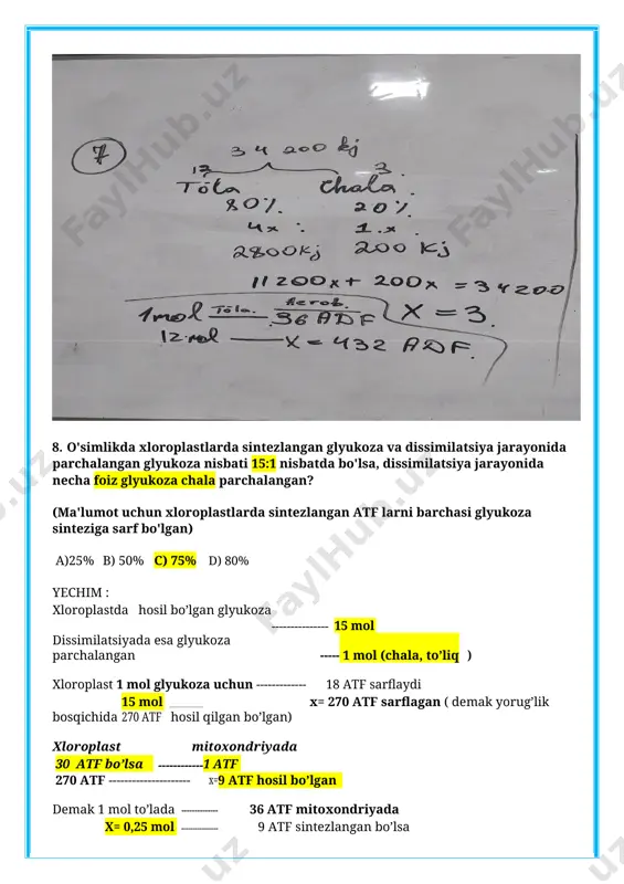 8) d vitamin bilan davolab bo‘lmaydigan raxit. a)1,3,5b)2,6,8c)4,5,7d)1,3,4 17. to‘rt kamerali yurak, ikki bo‘lmali oshqozonga ega bo‘lgan organizmlarni aniqlang. 1) bushuyev; 2) zagorsk; 3) shortgorn; 4) simmental; 5) plimatrok; 6) pervomaysk. a)1,3,4b)2,5,6c)1,2,5d)2,3,6 18. odam organizmidagi timozin garmoniga xos bo‘lgan xususiyatlarni aniqlang? a) organizmda pigment almashinuvni boshqaradi; b) jinsiy bezlarni funksiyasini pasaytiradi; c) limfosit hosil bo‘lishini kuchaytiradi va immunitetni oshiradi; d) qon tomirlarini toraytirib, qon bosimini oshiradi; e) organizmda kalsiy-fosfor almashinuvini boshqaradi; f) bolalar o‘sishiga ijobiy ta’sir ko‘rsatadi. a) d, e, c b) b, c, f c) a, d, e d) a, b, f 19. odam organlar sistemasining kasalliklari to‘g‘ri ko‘rsatilgan javobni aniqlang. 1) hazm qilish; 2) ichki sekretsiya; 3) nafas olish; 4) qon aylanish a) 1-enterit; 2-ganglionit; 3-faringit; 4-gipertoniya b) 1-kolit; 2-tireotoksikoz; 3-nevrit; 4-infarkt c) 1-entarit; 2-bazedov; 3-laringit; 4-ishemik d) 1-salmonellyoz; 2-tetaniya; 3-laringit; 4-nefrit 20. organizmlarning ko‘payish va rivojlanish jarayoni bilan bog‘liq bo‘lgan to‘g‘ri ma’lumotlarni aniqlang. 1) qirg‘ovulning tuxumdan chiqqan …