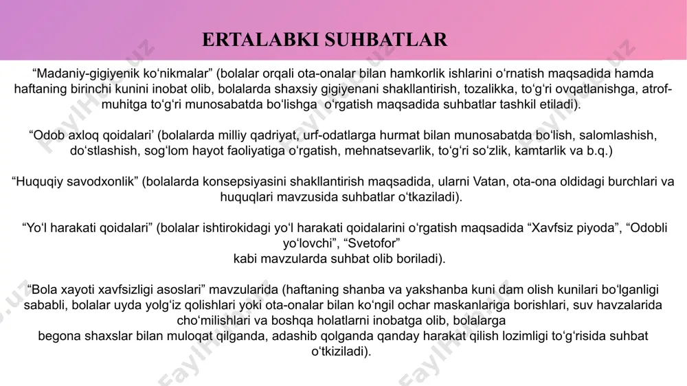 masʼuliyat hissini rivojlantiradi. get a modern powerpoint presentation that is beautifully designed. contents get a modern powerpoint presentation that is beautifully designed. contents get a modern powerpoint presentation that is beautifully designed. contents get a modern powerpoint presentation that is beautifully designed. contents get a modern powerpoint presentation that is beautifully designed. contents infographic style 4.toza havoda sayr. hozirda koʼchalarda ancha kam transport harakatlanishi va havo sezilarli darajada tozalanganiga qaramay, onalar bolalari bilan sayr qilish uchun chiqishga shoshilmayaptilar. bu, albatta, toʼgʼri, chunki mamlakatda karantin qoidalari hamon hukm surmoqda. lekin bolalar organizmi kislorod va jismoniy faollik bilan qanday boʼlmasin taʼminlanishi zarur. 5.shaxsiy gigiena qoidalari. oʼyin bolalarning rivojlanishida eng muhim omillardan biridir. bolalar kun davomida oʼyinga berilib ketib koʼpincha shaxsiy gigiena qoidalariga rioya qilishni unutib qoʼyishadi, buning uchun kattalar har doim kichkintoylarni ogohlantirib turishlari zarur boʼladi. ular sogʼlom boʼlib oʼsishlari uchun qoidalarga muntazam amal qilishlari, oʼzlarining ozodaligi, tartibliligi bilan har doim faxrlanishlari …