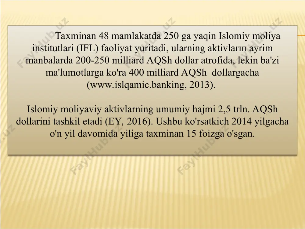islomiy moliya muassasalari an’anaviy banklardan omonat va moliyalashtirish amaliyoti tufayli farq qiladi; 6) islomiy moliya muassasalari mijozlarning turi va ijtimoiy mavqeidan qat’i nazar, aholining barcha qatlamiga xizmat ko‘rsatadi; 7) islomiy moliya muassasalari o‘zlari tomonidan haqiqatda amalga oshirilgan xarajatlar va xizmatlardan kelib chiqib to‘lovlarni undirishlari shart. misr islomiy bank tizimining tarixi misrda islomiy banklar tashkil etish tarixi 1963 yilda mit gamr jamg‘arma bankini tuzish bilan boshlandi. shundan so‘ng 1972 yilda nasser soshial benk, 1977 yilda faysal islamik benk of idjipt, 1980 yilda xalqaro islomiy investitsiya va rivojlanish banki ish boshladi. 2006 yil iyunida misr markaziy banki xalqaro islomiy investitsiya va rivojlanish bankini boshqa ikki bank– yunayted benk (united bank) va nil benk (nile bank) bilan birlashtirishga qaror qildi va yangi bank yunayted benk deb ataldi. misrning yana bir islomiy banki idjipshn saudi faynens benk (egyptian saudi finance bank) al-baraka benking grupp (albaraka banking group)ning shu’ba korxonasi hisoblanadi. manba: el-ashlel, 1990. 61-bet. …