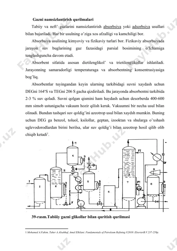 erda yuqori tomonga harakat qilib, yuqoridan berilayotgan absorbent bilan uchrashadi. absorberni yuqori qismidan chiqqan gaz tomchi tutuvchi (4) ga keladi. bu erda absorbentni tomchilaridan tozalanadi. to’yingan absorbent desorberda (7) suvdan tozalanadi va yana absorberga beriladi. suv bug’lari sovutgich (10) dan o’tib, kondensat yig’uvchida (8) to’planadi. rektifikasion kolonnadagi vakuum elektor (9) yordamida joriy qilinadi. oхirgi vaqtda gorizontal absorberlar ishlatiladigan qo’rilmalardan ham foydalana boshlandi. foydalanilgan adabiyotlar: 1. e.a. bakirov, v.i. yermolkin, v.i. larin i dr. geologiya nefti i gaza uch. pos. nedra 1989. 2. v.g. kanalin, m.g. ovanesov, v.p. shugrin. neftegazopromislovaya geologiya i gidrogeologiya moskva. nedra 1985. 3. i.x. abrikosov, s.n. gutman. obshaya, neftyanaya i neftepromislovaya geologiya. moskva. nedra 1982. 4. m.a. jdanov. neftegazopromislovaya geologiya i podschet zapasov nefti i gaza. moskva. nedra 1986. 5. n.g. sereda, v.m. muravyov. osnovi neftyanogo i gazovogo delo. moskva. nedra 1980. 6. n.g. bobritskiy, v.a. yufin osnovi neftyanoy i gazovoy promishlennosti. moskva. nedra 1988. 7. a.v. …