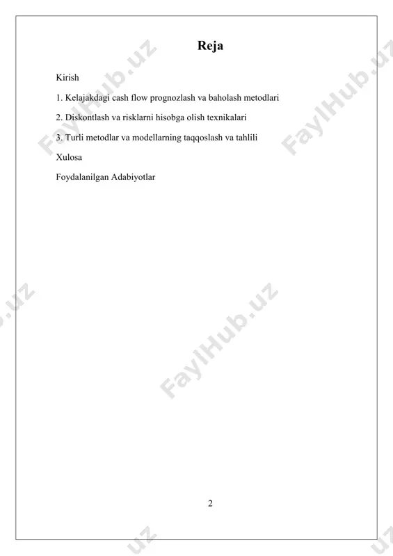 shuning uchun, bu sohada yangi metodlarni ishlab chiqish, statistik va iqtisodiy modellardan foydalanishni takomillashtirish muhim ahamiyatga ega. ushbu ilmiy izlanishlar, ayniqsa, bozor sharoitlarining dinamikasi va texnologik yangiliklar bilan bog’liq rivojlanishlarni hisobga olgan holda, kompaniyalarning istiqboldagi daromadlarini yanada aniqroq baholashga yordam beradi. ushbu tadqiqotda, kelajakdagi cash flow prognozlash va baholash metodlari, diskontlash texnikalari va risklarni hisobga olish usullari tahlil qilinadi. i. kelajakdagi cash flow prognozlash va baholash metodlari 1.1 kelajakdagi kassadagi oqimlar prognozi kelajakdagi kassadagi oqimlar prognozlash va baholash metodlari kompaniyaning moliyaviy kelajagini aniqlashda muhim ahamiyatga ega bo‘lib, investitsiya va strategik qarorlar qabul qilish jarayonida keng qo‘llaniladi. bu metodlar kompaniyaning kelajakda qanday daromadlar olishini, ularning barqarorligini va o‘sish potentsialini tahlil qilish imkonini beradi. bu jarayonni to‘g‘ri amalga oshirish uchun, avvalo, kelajakdagi kassadagi oqimlarni aniq prognoz qilish va ularni baholash uchun turli metod va texnikalarni o‘rganish zarur. kelajakdagi kassadagi oqimlar — bu kompaniyaning kelajakda oladigan naqd pul oqimlari, ya'ni, daromadlar va xarajatlar …