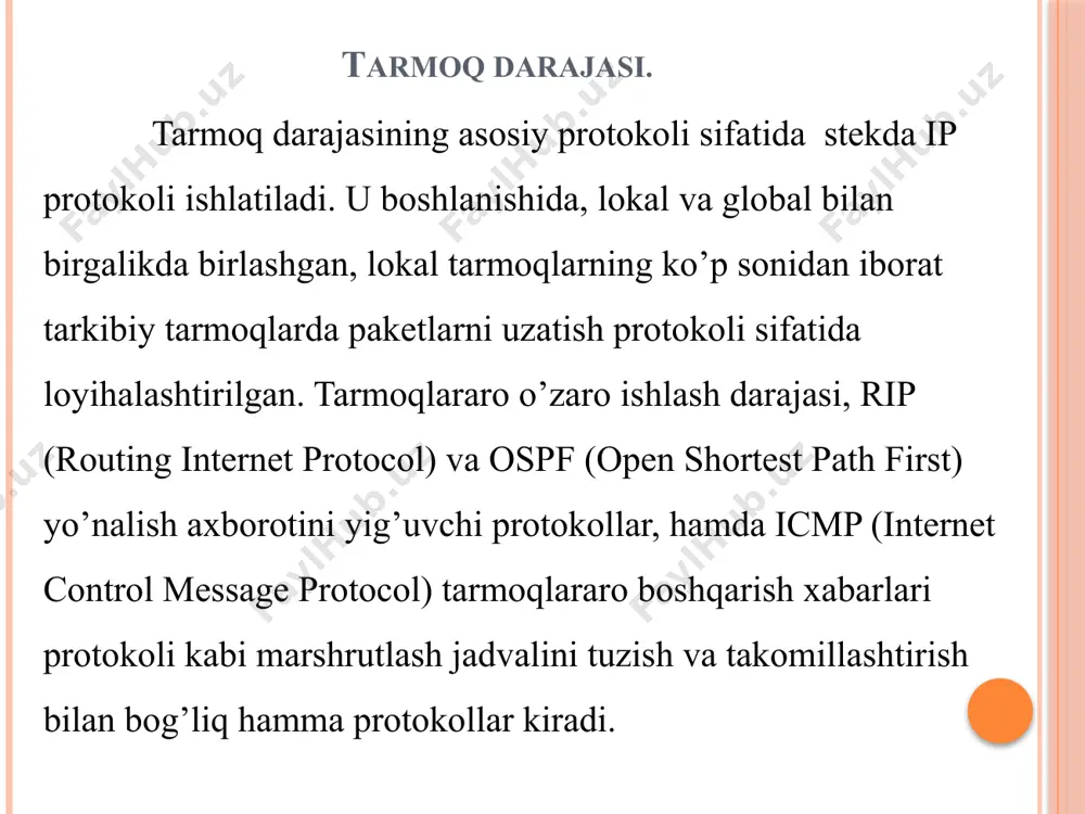 esga ega. u 4 raqamdan iborat bo’lib, har bir raqam 0 dan 255 gacha diapazon chegarasida bo’ladi. butun adres tarmoq identifikatori va xost identifikatoridan tashkil topadi. ip-adreslarning sinflari mavjud bo’lib, ular tarmoq nomeri va xost nomeridagi bitlar soni bilan farqlanadi. adres sinfi uning birinchi okteti qiymati bilan aniqlanadi. tarmoqda ikki qurilma bir-biri bilan ma’lumot almashishi uchun maxsus adreslardan foydalanishadi. ip adres har bir qurilmaga internet tarmog’iga ulanish uchun beriladigan maxsus 0 va 1 ketma-ketligidagi manzil. ip adreslar oktetlardan tashkil topadi. ip adreslarning uzunligi uning turiga qarab 32 bit yoki 64 bit bo’lishi mumkin. har bir oktet 8 bitdan tashkil topgan. ip adres sinflarining tarmoq va uzel uchun taqsimlanishi. ip-adreslar sinflarining ehtimoliy soni xarakteristikalari sinf a b c d e 1-oktet qiymat diapazonlari 1 – 126 128 - 191 192 - 223 224 - 239 240 - 247 tarmoqlarning ehtimoliy soni 126 16382 2097150 --- --- tugunlarning ehtimoliy soni 16777214 65534 …